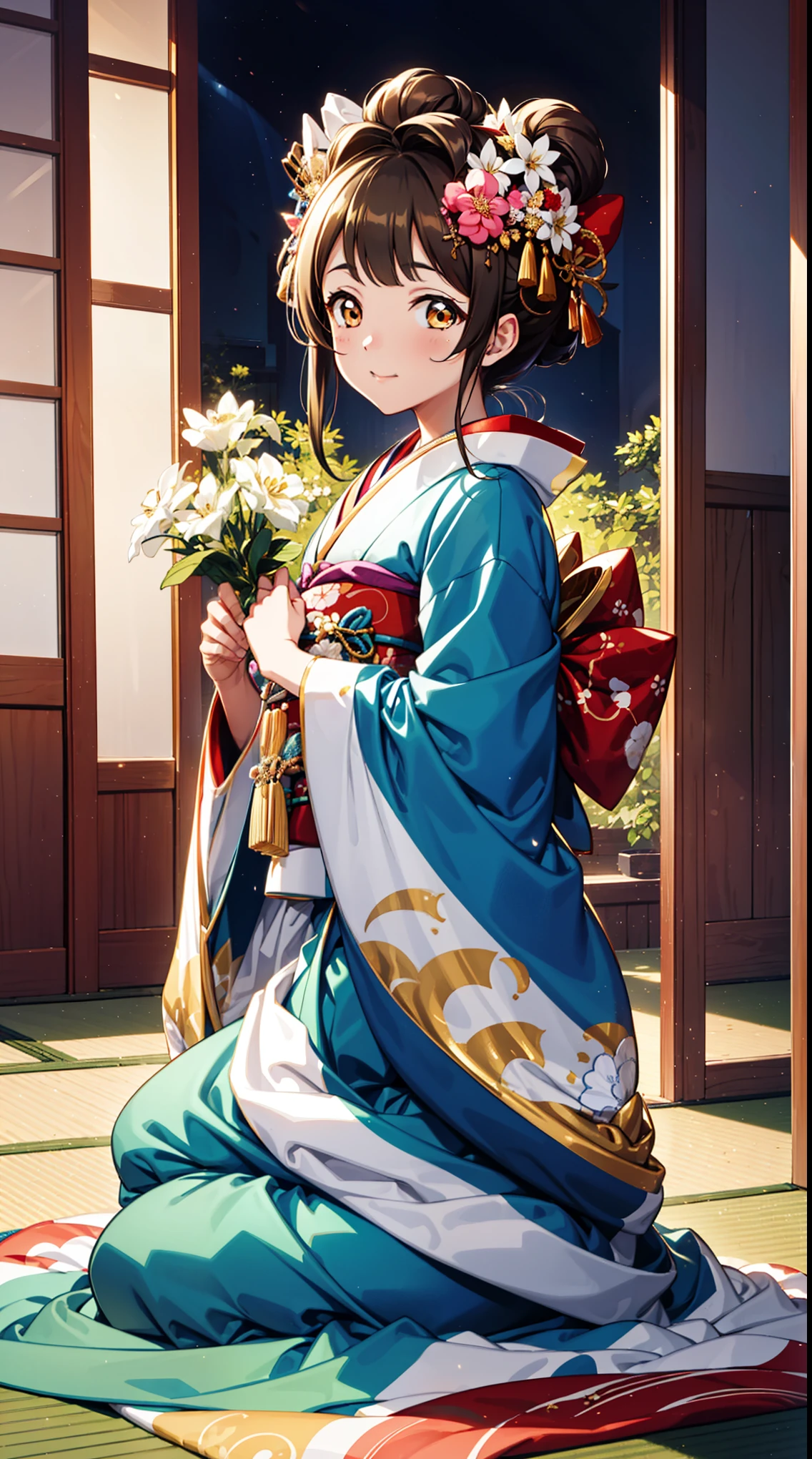 Brown hair，Golden Eyes，Charm ，Geisha decoration，night，bedroom，（Japanese Kimono：1.2）， Medium Curve，