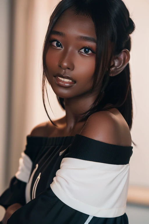 best quality, masterpiece, highres, (detailed:1.4), 1 girl, black hair, ( dark skin:1.6), extremally thin eyebrows , thick bluish eyeshadow, thick black eyeliner, Highlighted eyes with eyeliner, false eyelashes, ( naughty face )