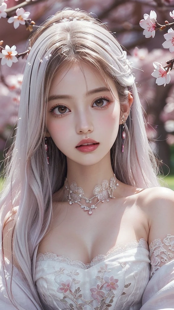 (extra detailed body、extra detailed face、best qualtiy:1.2)、femele、looking at the viewers、(White hair、17 age、A wistful look、Big piercings、a necklace)、(Confusion of carnations and haze in the background:1.4)
