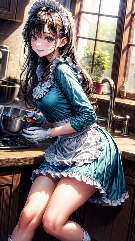 minevra,Fairy Tail,((long black hair)),(((Beautiful, Lovely,Dark green eyes,Beautiful pupils)),((Big breasts)),((apron on the naked body)),((Beautiful face)),((Beautiful губы)),I look at the viewer,kitchen,masterpiece, A masterpiece of the highest quality,(super HD),best quality detailed, A high resolution, HDR, extremely detailed illustration, detailed face and eyes,detailed body,detailed eyes