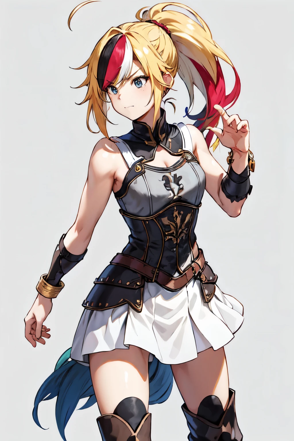 realistic, (masterpiece, top quality, best quality, official art, beautiful and aesthetic:1.2), extremely detailed,(1girl:1.3),cowboy shot,(looking at viewer),(holding single weapon:1.3),holding EA, Holding Sword of Rapture, pointing weapon at sky, from middle,black background,(night:1.2),
filmg, amused expression, JunkoenoshimaTopless, solo, and long, thick, bleached strawberry-blonde hair tied in two twin pigtails, (heterochromia light blue and red eyes:1.2), 1girl, jewelry, standing, earrings, necklace, armor, tattoo, topless, Gold armor, shirtless, gold clingon bra, single gold gauntlet,shoulder armor,elbow gloves, shoulder armor, gold cardigan over a red dress shirt, with both left open to the third button to expose the top of her gold-and-red bra, a red pleated miniskirt that is cut extremely short, and mid-sized gold and black boots with platform heels and red laces, standing, full body portrait