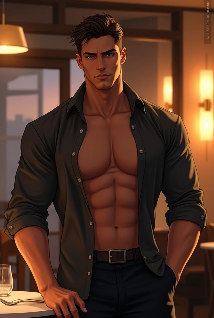 (((1boy))) (male) ((front view)) ((facing viewer))
Handsome, very detailed flawless face, detailed open eyes, very handsome, epic, heroic, pale skin,
(muscular) bodybuilder, ((big muscles)), ((large pectorals)), narrow waist, ((very very long hair, in mullet cut, bicolor)).
((hairy chest)), ((hair legs)), seductive smile, a small pendant, Realistic face, realistic eyes, topless, (no beard or body hair), mismatched pupils.
Wearing black leather thong. Big bulge.
Emerging from a (wooden house) entrance. It is (sunrise), cowboy shot.
Highly detailed fantasy art, dramatic volumetric light, artstation, beautiful modern fantasy illustration, ((anatomically correct)).