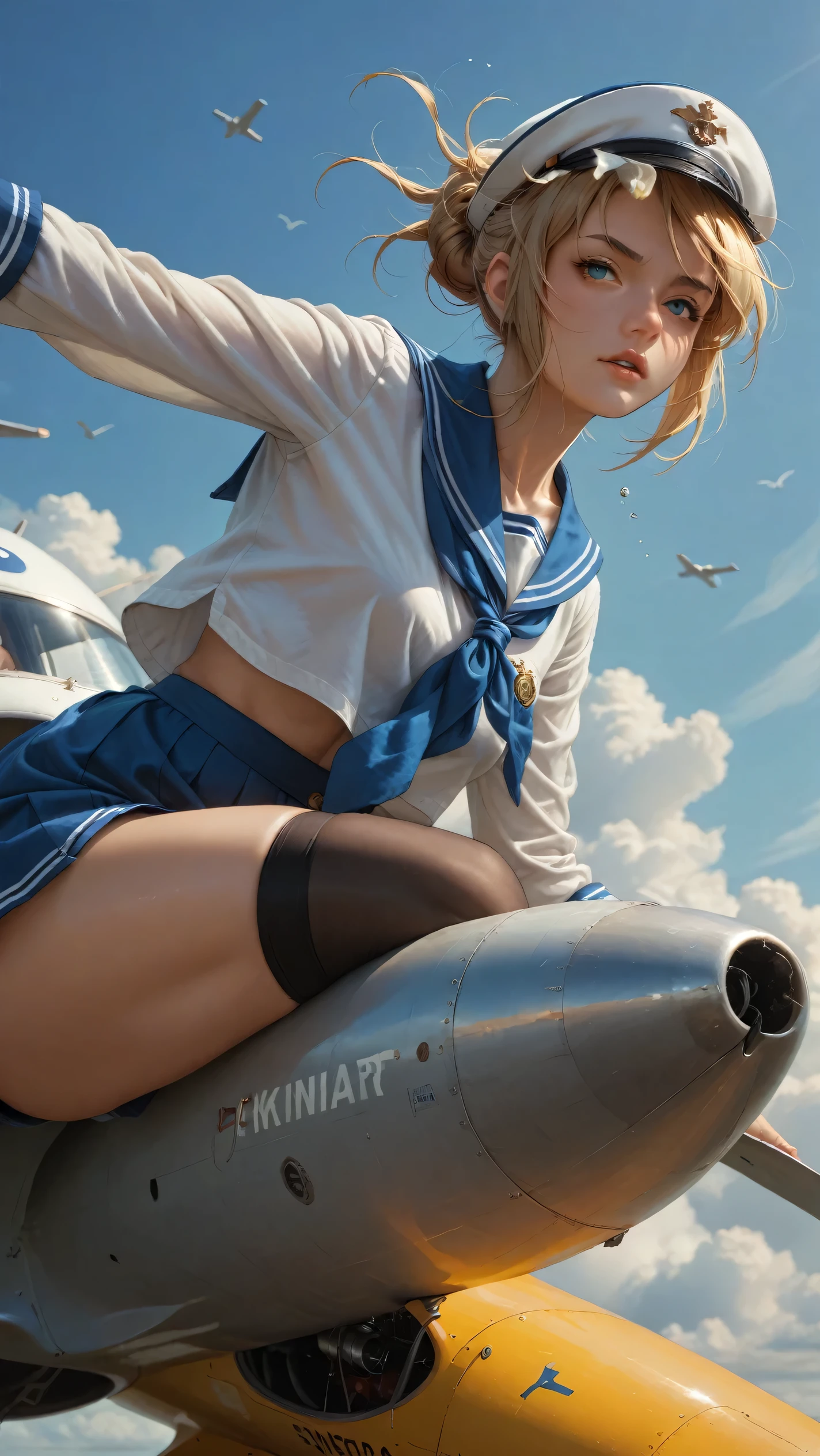 anime girl in sailor outfit riding on a plane with a sword, range murata and artgerm, splash art anime , sakimichan, ig model | artgerm, extremely detailed artgerm, inspired by Leng Mei, cushart krenz key art feminine, artoria pendragon, sakimichan frank franzzeta