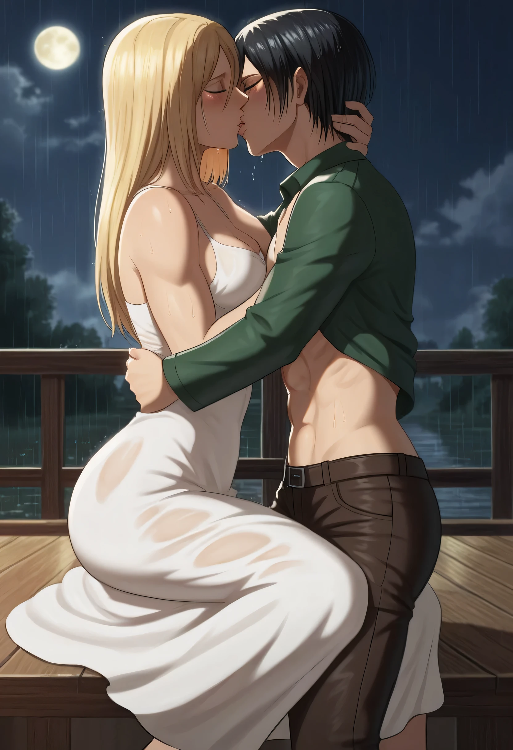 score_9, score_8_up, score_7_up, BREAK source_anime, historia reiss, blue eyes, blonde hair, long hair, medium breasts, long white dress sleeveless,female black hair soldier hugs historia,Mikasa with historia hugs,mikasa wreanig open green jacket black sport bra and black combat pants,Mikasa female with short hair,mikasa female medium breasts,eyes closed,in night,moon in sky,mikasa final season,mikasa,Mikasa hugs historia،mikasa femboy,mikasa final season,historia blonde hair,hugs and kissing,mikasa carrying historia and kissing her,Mikasa lifts Historia up and kisses her.in middle night,raining outside,mikasa final season,girls kissing,girl×girl,lesbians,yuri,romantic wallpapers,historia sitting on mikasa and kissing her,Mikasa in both hands touch historia ass, raining,wet body's,water dropped on mikasa and historia body's,mikasa final season design,character's from season 4,historia crying while kissing mikasa,crying both,one of Historia hands touch mikasa abs,romantic kissing 