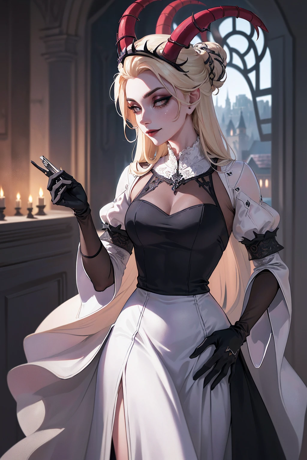 (Lilith:1.2), (grey/gray skin, grey sclera, long blonde hair, white iris, demon horns, makeup), (DefaultOutfit:1.2), (long dress, sleeves, gloves, black dress:1.5), (castle, inside a castle, Victorian theme), (realistic:1.2), (masterpiece:1.2), (upper-body-shot:1),(Cowboy-shot:1.2), neon lighting, dark romantic lighting, (highly detailed:1.2),(detailed face:1.2), (gradients), colorful, detailed eyes, (detailed landscape:1.2), (natural lighting:1.2), (powerful pose:1.2), (solo, one person, 1girl:1.5), lilith, hazbin , black dress, perfect fingers, walking, dancing, smilling