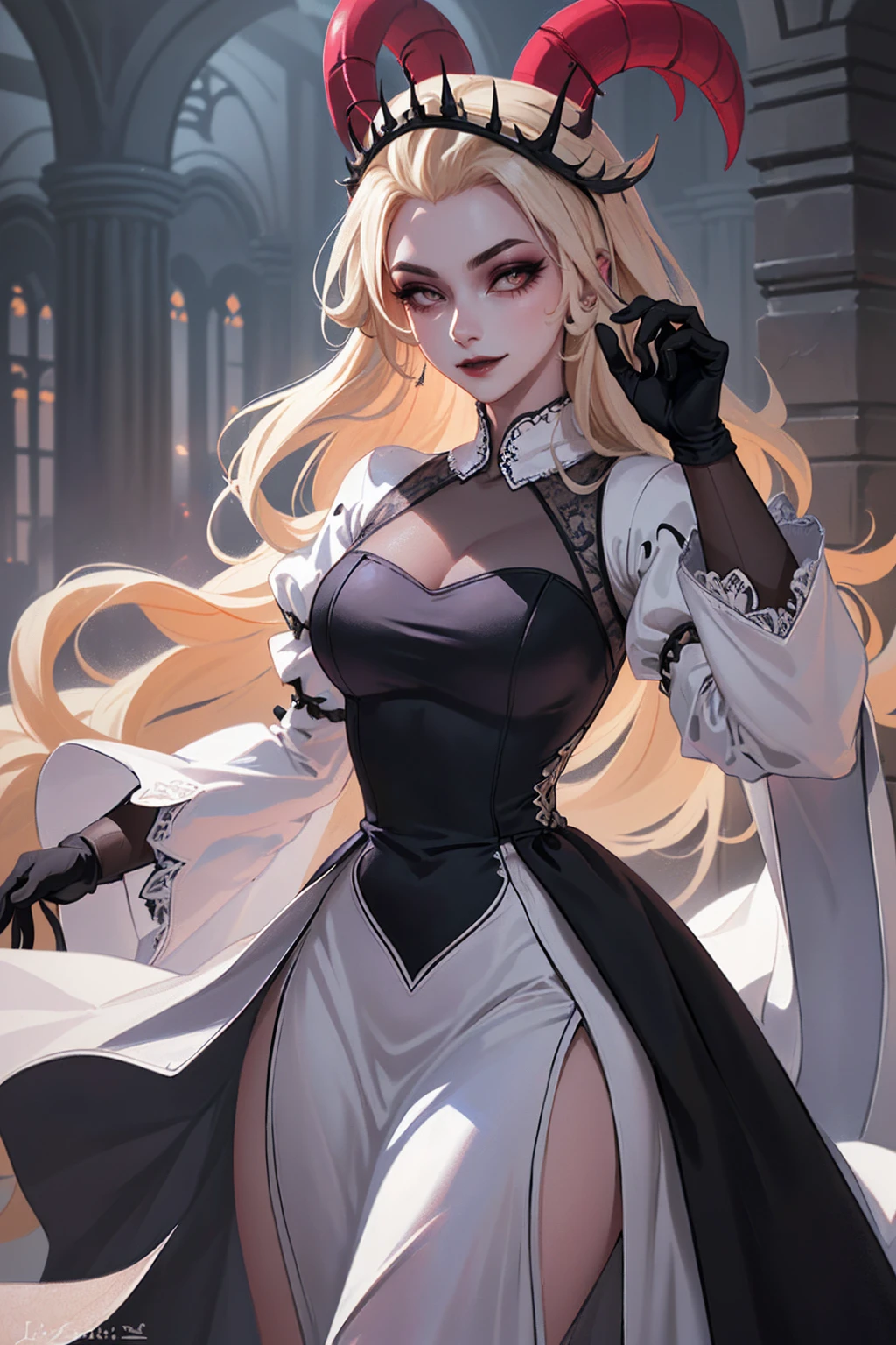 (Lilith:1.2), (grey/gray skin, grey sclera, long blonde hair, white iris, demon horns, makeup), (DefaultOutfit:1.2), (long dress, sleeves, gloves, black dress:1.5), (castle, inside a castle, Victorian theme), (realistic:1.2), (masterpiece:1.2), (upper-body-shot:1),(Cowboy-shot:1.2), neon lighting, dark romantic lighting, (highly detailed:1.2),(detailed face:1.2), (gradients), colorful, detailed eyes, (detailed landscape:1.2), (natural lighting:1.2), (powerful pose:1.2), (solo, one person, 1girl:1.5), lilith, hazbin , black dress, perfect fingers, walking, dancing, smilling