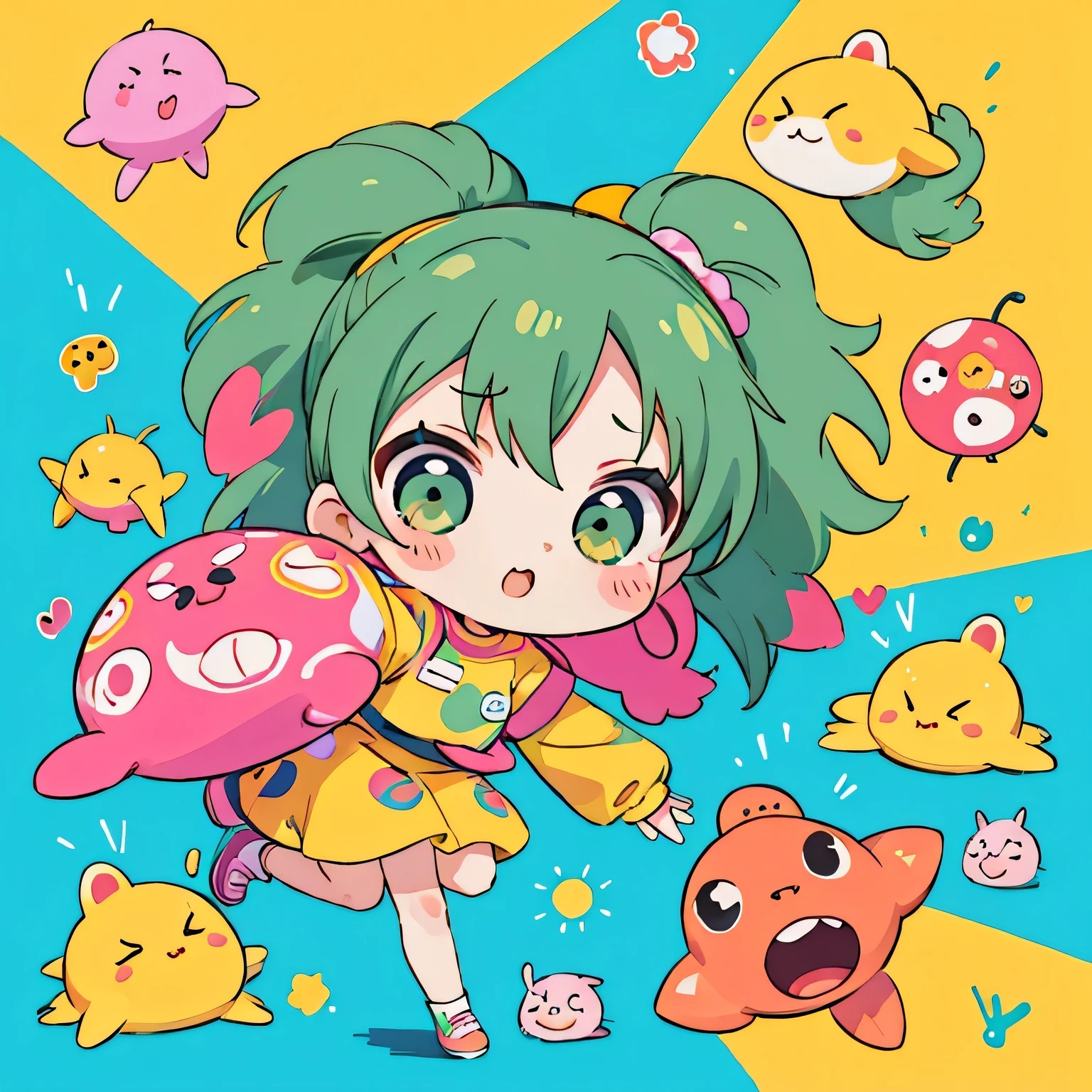 Girl personifying a mango、Cute、Chibi、Mango pulp、masterpiece、细致背景、psychedelic