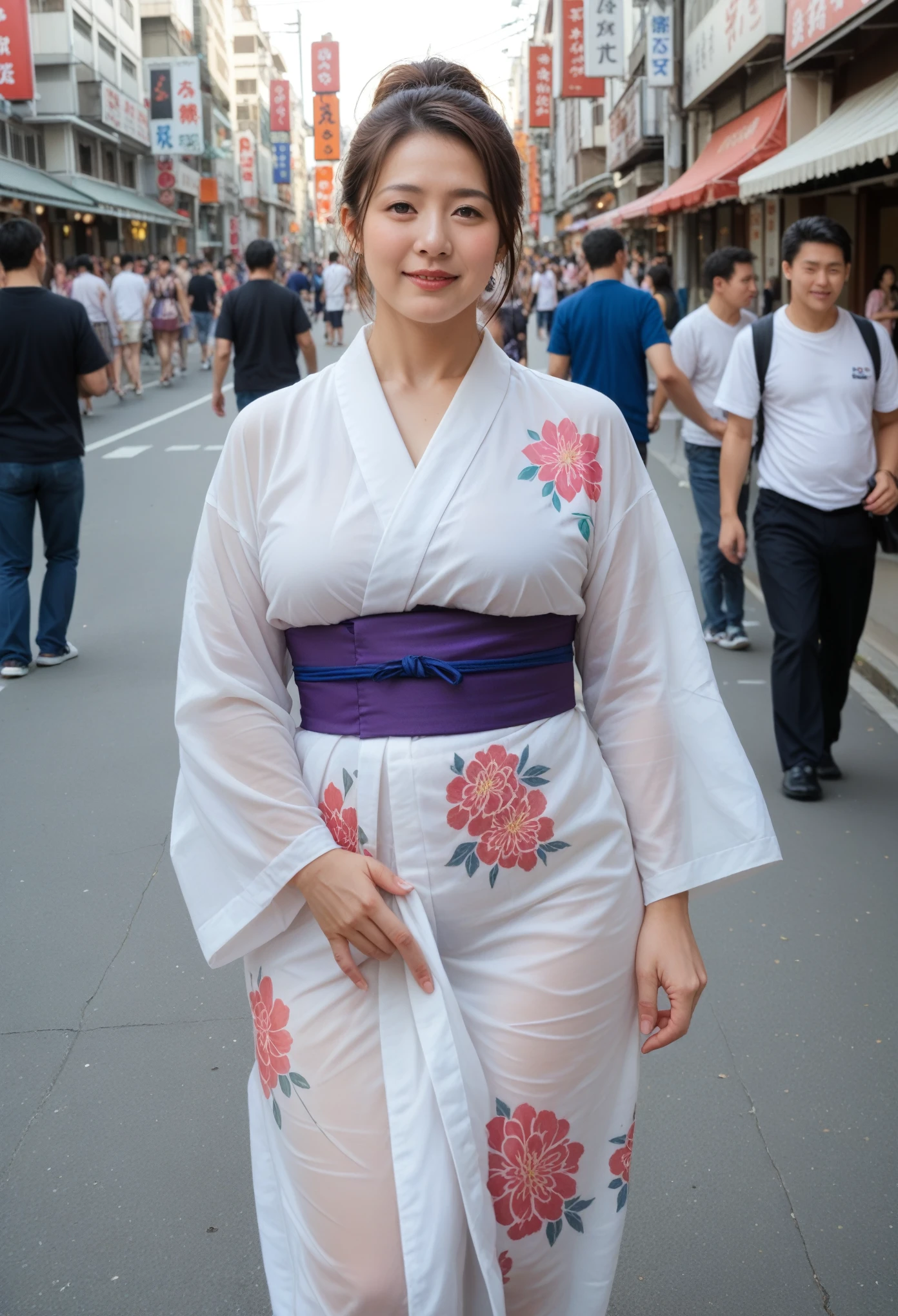 (Japanese, 4, Mature Woman, Japanese Mom), Alone, (White skin), Middle-aged body type, Some fat in the lower abdomen, Muscular legs, Alone, (White skin, Oily skin), (Brown Hair, Shoulder-length straight hair), Hold a fan in your right hand, Cowboy Shot, break,

(Pure white plain yukata, See-through yukata, Purple obi of traditional Japanese clothing), Facing the audience, Transparent ass,  break, 

Traditional Japanese streetscape, A crowded street with many people, crowd, Background Blur, 祭りの風景break, 

run-6500-v1.1, (RAW Photos:1.7), (Viewer attention required:1.3), (Realisticな、Realistic:1.37), (8k、RAW Photos、Best Quality、masterpiece:1.2)、 (Genuine:1.7), ((Ultra-high resolution,High quality images)), Very detailed、Physically Based Rendering、Ultra-high resolution、Kodak Vision Coloured と Arricam LT カメラ、Bokeh Depth of Field、Sharp focus、(((Accurate anatomy:1.2)))、(masterpieceBest Quality:1.5), (Ultra-high definition 8K CG:1.4), (hyperRealistic:1.25), (PhotoRealistic:1.25), (Realistic:1.4), Complete limbs, Full Finger, (Shoot from a distance:1.4), Score_9, Score_8_Superior, Score_7_Superior,Realistic, Detailed face, Detailed skin, Realistic background, ((Ultra-dense skin)), break,
