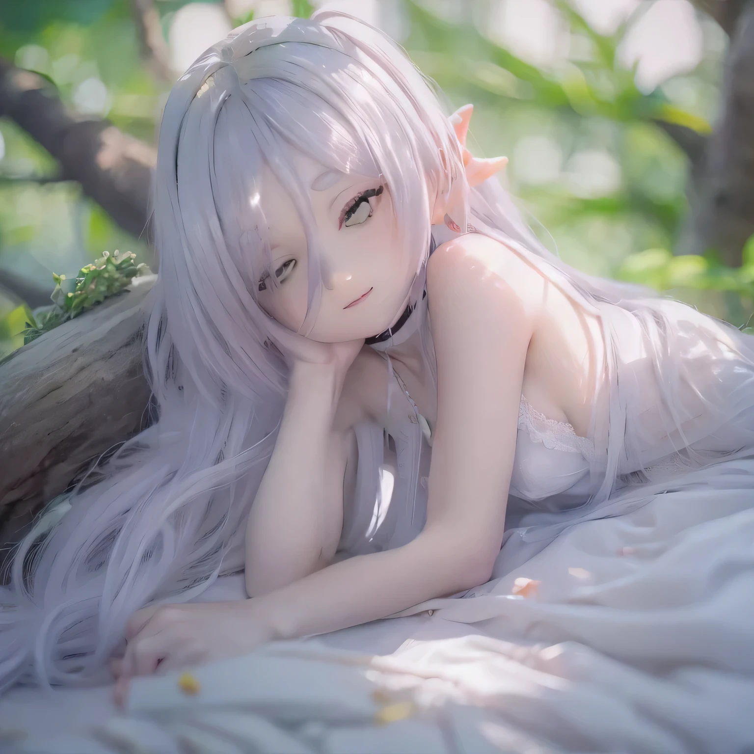 Elf Girl、8-year-old、Medium-long silver hair、Silver Eyes、Big black t-shirt、No bottoms worn、No underwear、Seductive expression、Open legs and crotch visible、Masturbating