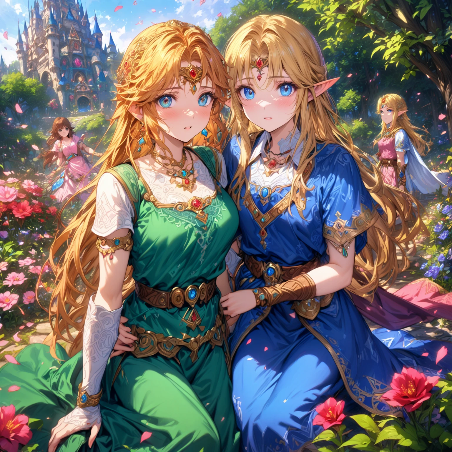 absurdres, highres, ultra detailed, HDR, master piece, Zelda, blonde hair, expressive blue eyes, two woman together, pink dress, best quality, The Legend Of Zelda (Link between worlds), Zelda, brown hair, expressive blue eyes, The Legend Of Zelda (Twilight Princess), fantasy, magical, sensual, glittering, accessories, extremely beautiful, detailed face, detailed eyes, blue forest, petals, shining, castle, garden, flowers