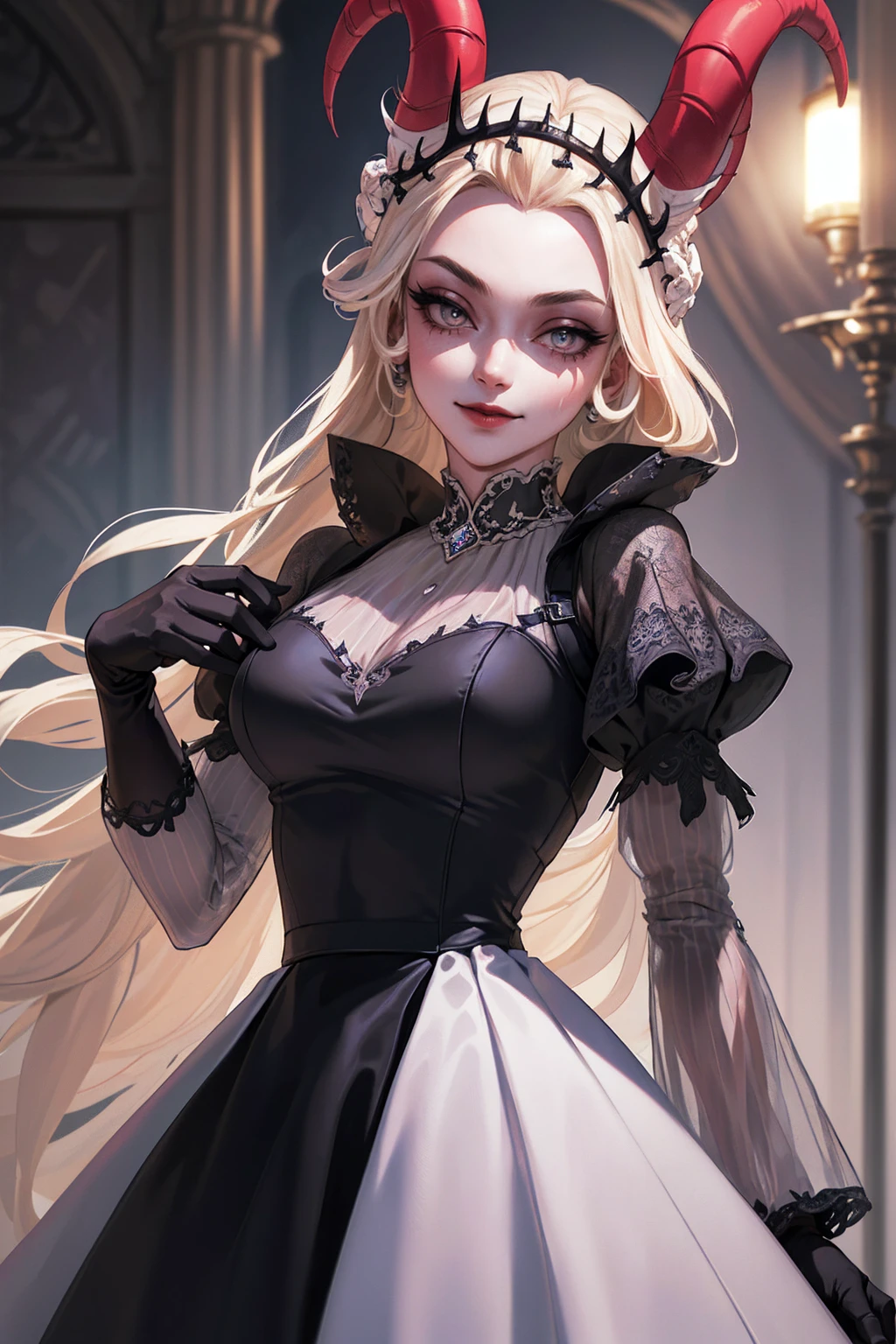 (Lilith:1.2), (grey/gray skin, grey sclera, long blonde hair, white iris, demon horns, makeup), (DefaultOutfit:1.2), (long dress, sleeves, gloves, black dress:1.5), (castle, inside a castle, Victorian theme), (realistic:1.2), (masterpiece:1.2), (upper-body-shot:1),(Cowboy-shot:1.2), neon lighting, dark romantic lighting, (highly detailed:1.2),(detailed face:1.2), (gradients), colorful, detailed eyes, (detailed landscape:1.2), (natural lighting:1.2), (powerful pose:1.2), (solo, one person, 1girl:1.5), lilith, hazbin , black dress, perfect fingers, walking, dancing, smilling