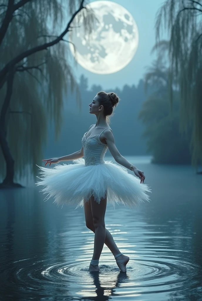 fantasy, high quality, 8K, realistic,photo realistic,RAW photo,photography,High resolution, ultra-definition, highest quality,Dramatic lighting, glitter effect, from below, midnight, moonlight, ballet、Swan Lake、Lake in the deep forest、I can see the castle in the distance、full body、((huge werewolf muscular beast)) from disney beauty and the beast, ,break, A prima donna girl gracefully dances ballet in the moonlight on a mysterious lake.、Arabesque pose、Lonely、1 girl、((luxurious and delicate white tutu)),semi-long hair,black hair,black eyes、beautiful feet、Ballet Pointe Shoes, Peeking from below、Straddling the camera、