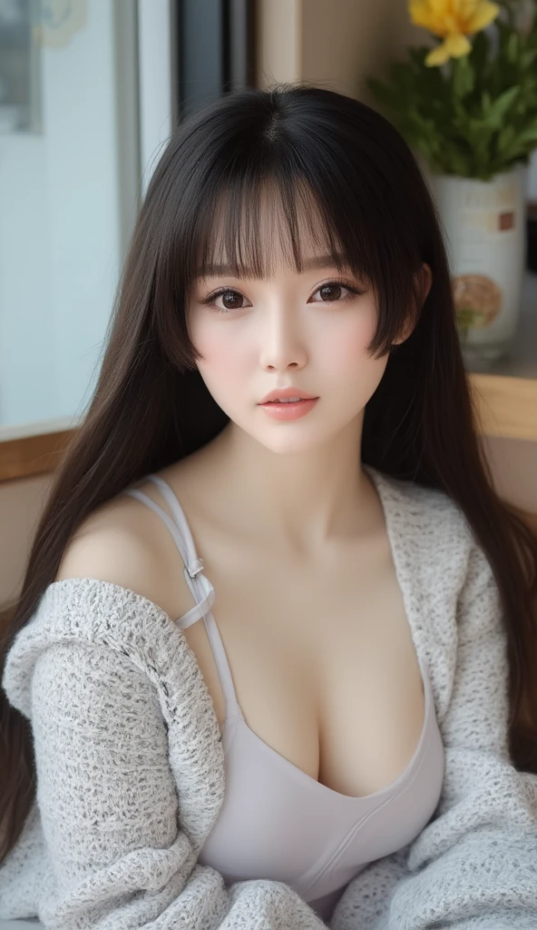 （High resolution), (8k), (Very detailed), (beautiful detailed eyes), (Highest quality), (masterpiece), thin waist, (anatomically correct)),(Curvaceous physique),(Beautiful, shining, fair skin:1.3）,(photo-realistic:1.2),((Beautiful woman sitting in a coffee shop)),（(Beautiful young woman with hime cut:1.6)), (Beautiful breast shape),((Shiny black hair:1.5)),Accurate anatomy Ultra-Realistic、Realistic、photograph、Healthy sexuality, ((Anatomically correct fingers)),((Moe sleeves:1.2))、((Knit sweater with cute sleeves:1.6)), Pink Sweater、(A plump, bursting body)、Accurate anatomy、(K-POPアイドル風のルックス:1.5),A smile full of kindness、Long eyelashes、Heavy makeup around the eyes、 