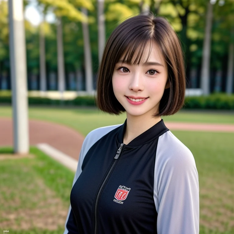 (kawaii 24 year-old Japanese girl, Nogizaka idol, Korean idol), healthy female athlete body, (glossy brown hair, short hair, pixie cut, bangs:1.3), (rounded face, beautiful black eyes, single eyelid, no makeup:1.2), (looking at viewer, soft smiling), (wearing track jacket, sports leggins:1.3), perfect shaped extra small breasts, BREAK, (track and field stadium background:1.2), (dynamic angle, bust shot:1.3),  BREAK, (masterpiece, best quality, photo realistic, official art:1.4), (UHD, 8K quality wallpaper, high resolution, raw photo, golden ratio:1.3), (shiny skin), professional lighting, physically based rendering, award winning, (highly detailed skin, extremely detailed face and eyes, anatomically correct), Carl Zeiss 85 mm F/1.4, depth of field, 1girl, solo,