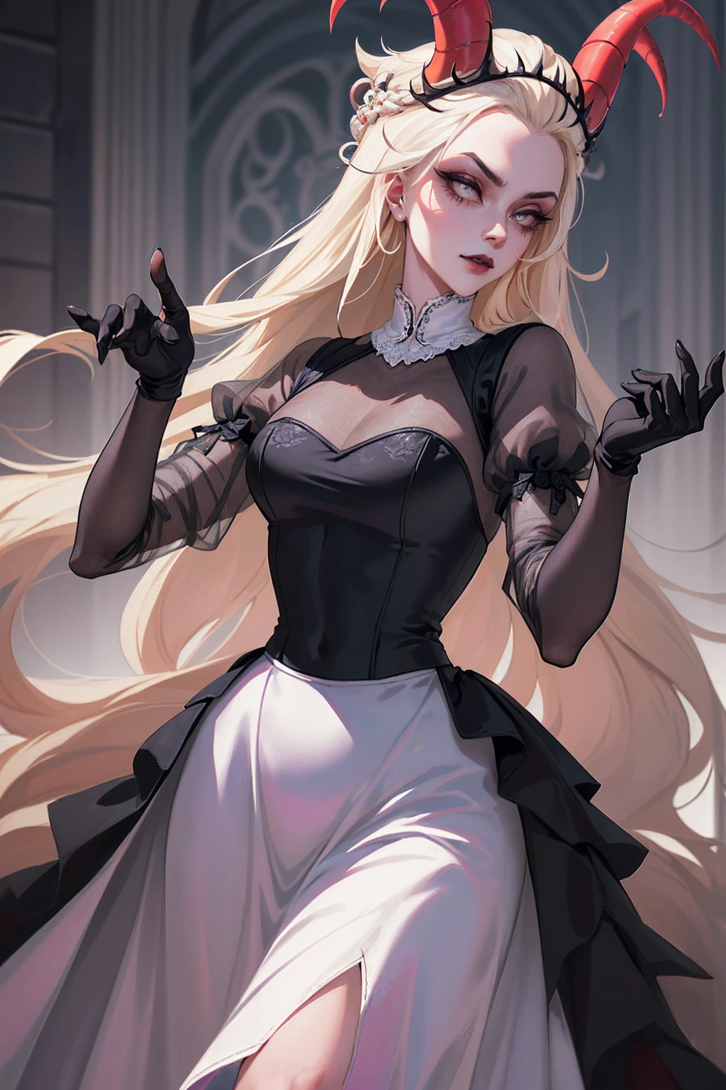 (Lilith:1.2), (grey/gray skin, grey sclera, long blonde hair, white iris, demon horns, makeup), (DefaultOutfit:1.2), (long dress, sleeves, gloves, black dress:1.5), (castle, inside a castle, Victorian theme), (realistic:1.2), (masterpiece:1.2), (upper-body-shot:1),(Cowboy-shot:1.2), neon lighting, dark romantic lighting, (highly detailed:1.2),(detailed face:1.2), (gradients), colorful, detailed eyes, (detailed landscape:1.2), (natural lighting:1.2), (powerful pose:1.2), (solo, one person, 1girl:1.5), lilith, hazbin , black dress, perfect fingers, walking, dancing, angry face