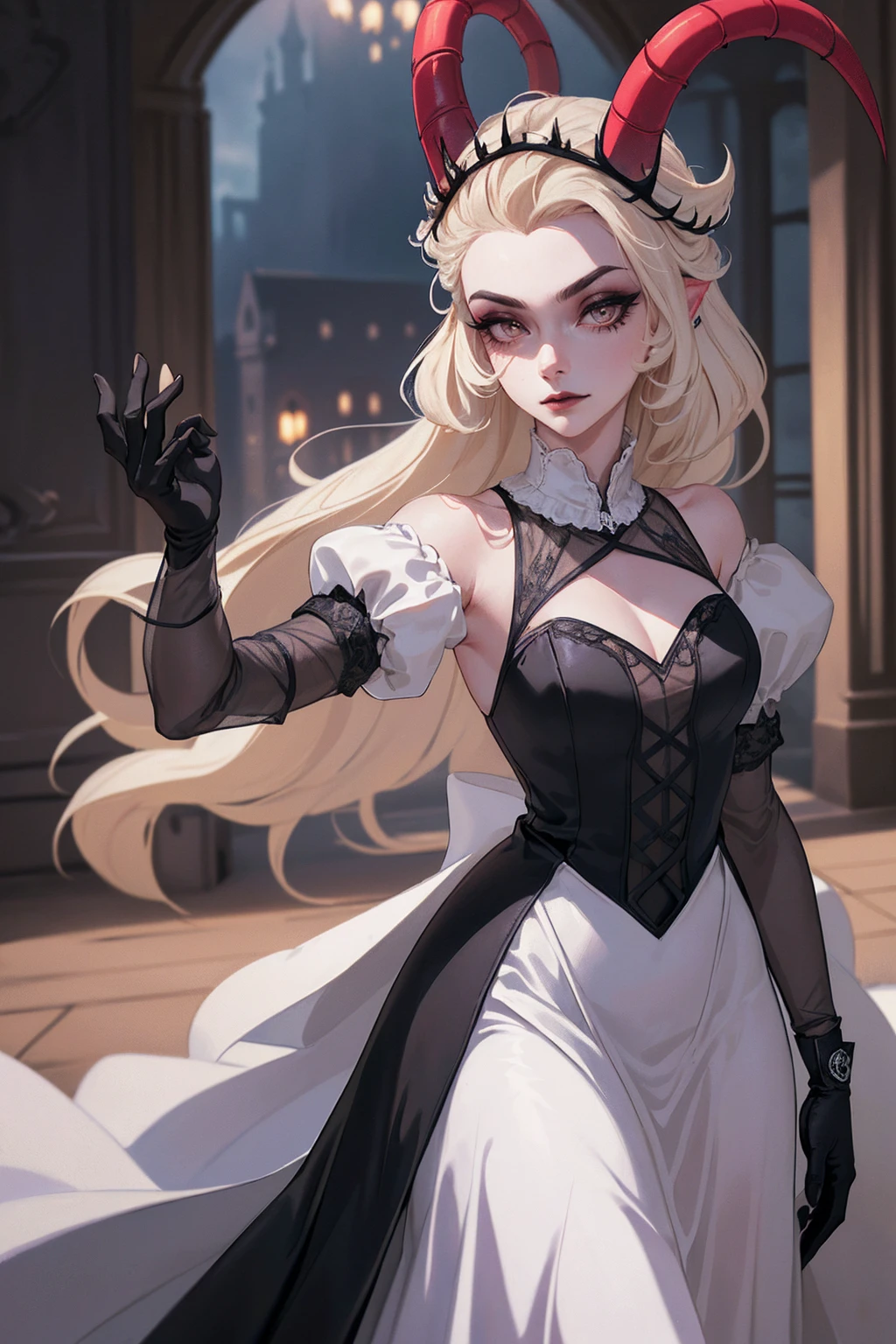 (Lilith:1.2), (grey/gray skin, grey sclera, long blonde hair, white iris, demon horns, makeup), (DefaultOutfit:1.2), (long dress, sleeves, gloves, black dress:1.5), (castle, inside a castle, Victorian theme), (realistic:1.2), (masterpiece:1.2), (upper-body-shot:1),(Cowboy-shot:1.2), neon lighting, dark romantic lighting, (highly detailed:1.2),(detailed face:1.2), (gradients), colorful, detailed eyes, (detailed landscape:1.2), (natural lighting:1.2), (powerful pose:1.2), (solo, one person, 1girl:1.5), lilith, hazbin , black dress, perfect fingers, walking, dancing, angry face