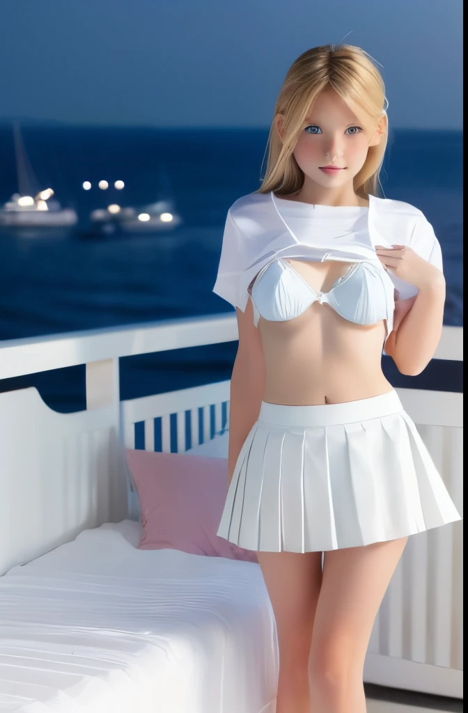 beautiful girl, blue eyes, blonde hair, full body, ((beautiful legs:1.2)), yacht, monaco, in bed, outside, overlooking water, ((white plain t-shirt:1.2)), ((white pleated mini skirt:1.2))young man behind fondling with girls body, groping girls breasts, ((white small-triangle bra is exposed:1.2))