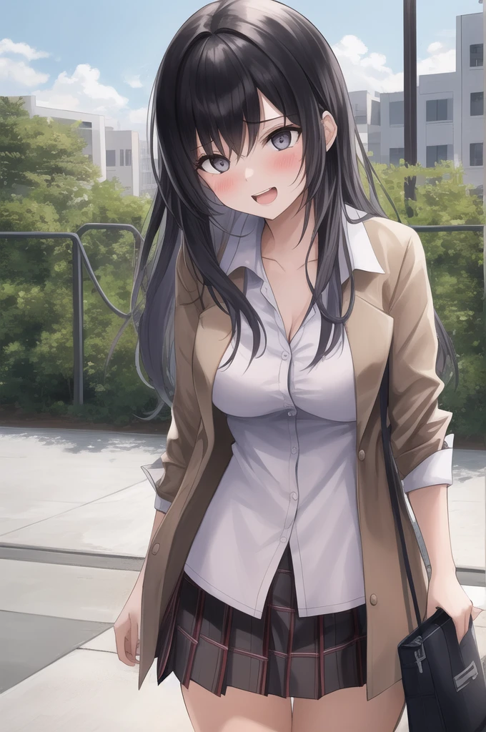 amagami kanzaki risa、Summer uniform、hopping Street、Sit on a bench、Spread your legs、black and white lace panties、sneakers、blush、Smile
