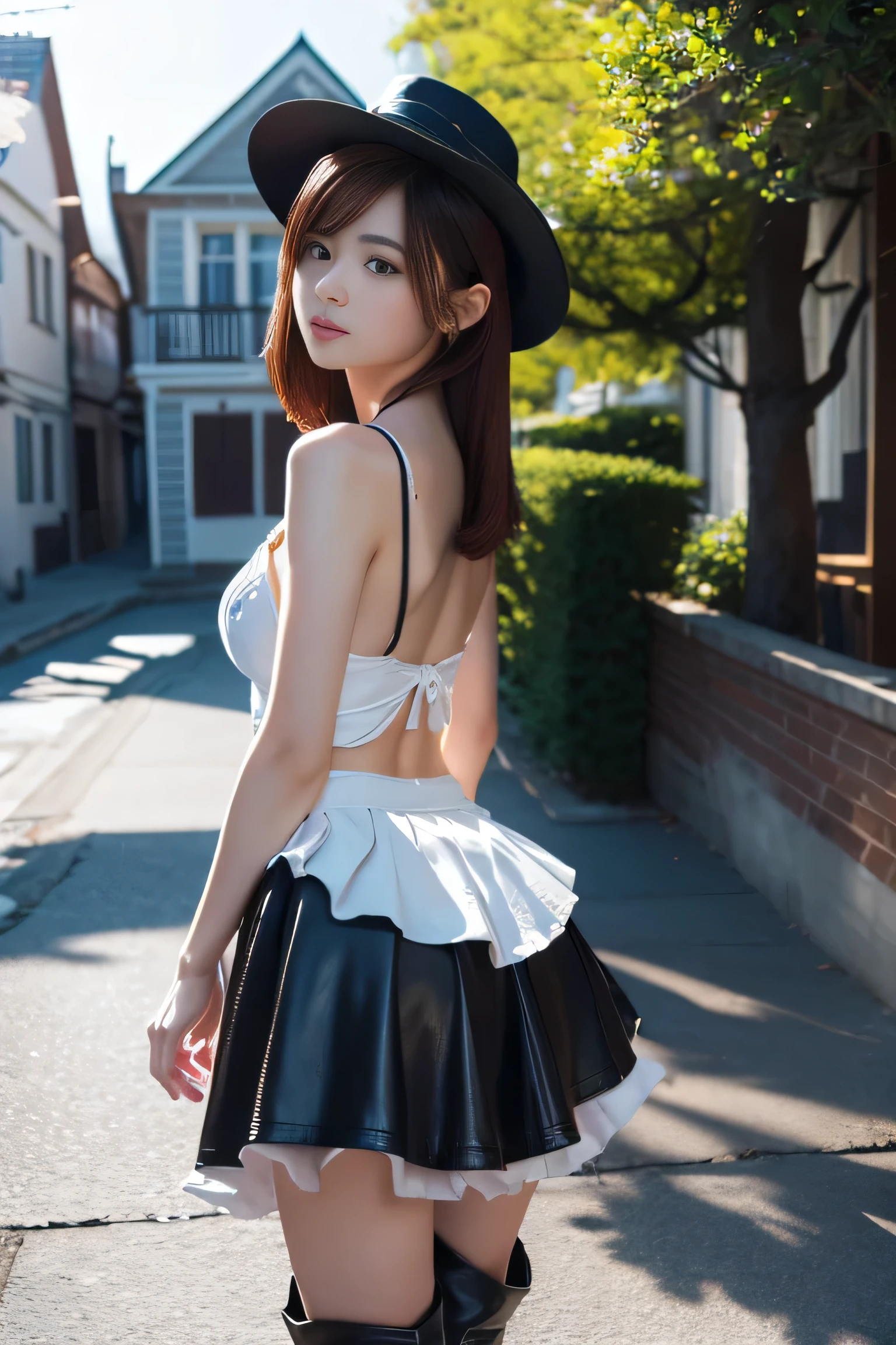((of the highest quality, 8K, masutepiece: 1.3, Raw photo)), Sharp Focus: 1.2, (1 AESPA Girl :1.1), Solo, (Realistic, Photorealistic: 1.37), (Face Focus: 1.1), Cute face, hyperdetailed face, (short messy hair: 1.2), Small Smile, Small breasts, flat chest, nude, (dirndl: 1.5), ((ruffle-skirt, multilayer-skirt):1.32), (rolling up skirt, show panties :1.1), from behind, wind, Thigh, cafe, bar, lily