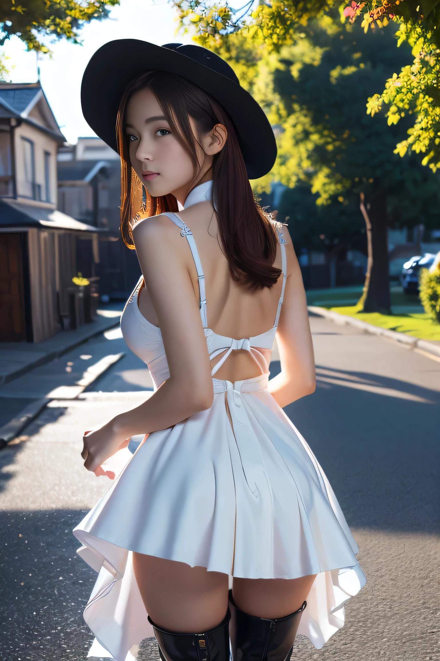 Stylish artistic close-up of a 20 year old assassin maid standing on a manhole cover in a sunlit idyllic fantasy world, her back arched in concentration. She is wearing an intricate leather dress, shoulders exposed, cleavage exposed, navel exposed, butt exposed pants, thighs exposed and long boots. She is a redhead with a hat, a dreamy face and a perfect nose. Background: old cream colored house, old luxury boat, wide blue trees, black sky, pink sun, rose petals falling. 