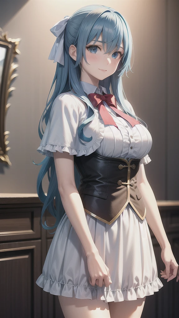 ((((masterpiece, extremely detailed, best quality)))), illustration, indoor, (simple background), (cowboy shot), soft lighting, stylized, (liselottecretia), 1girl, blue hair, (long hair, hair between eyes, hair ribbon), blue eyes, (looking at viewer:1.2), (light smile), (blush:1.2), lower body, (white shirt, red bowtie, frills, brown vest, capelet, skirt), (large breasts:1.2), standing