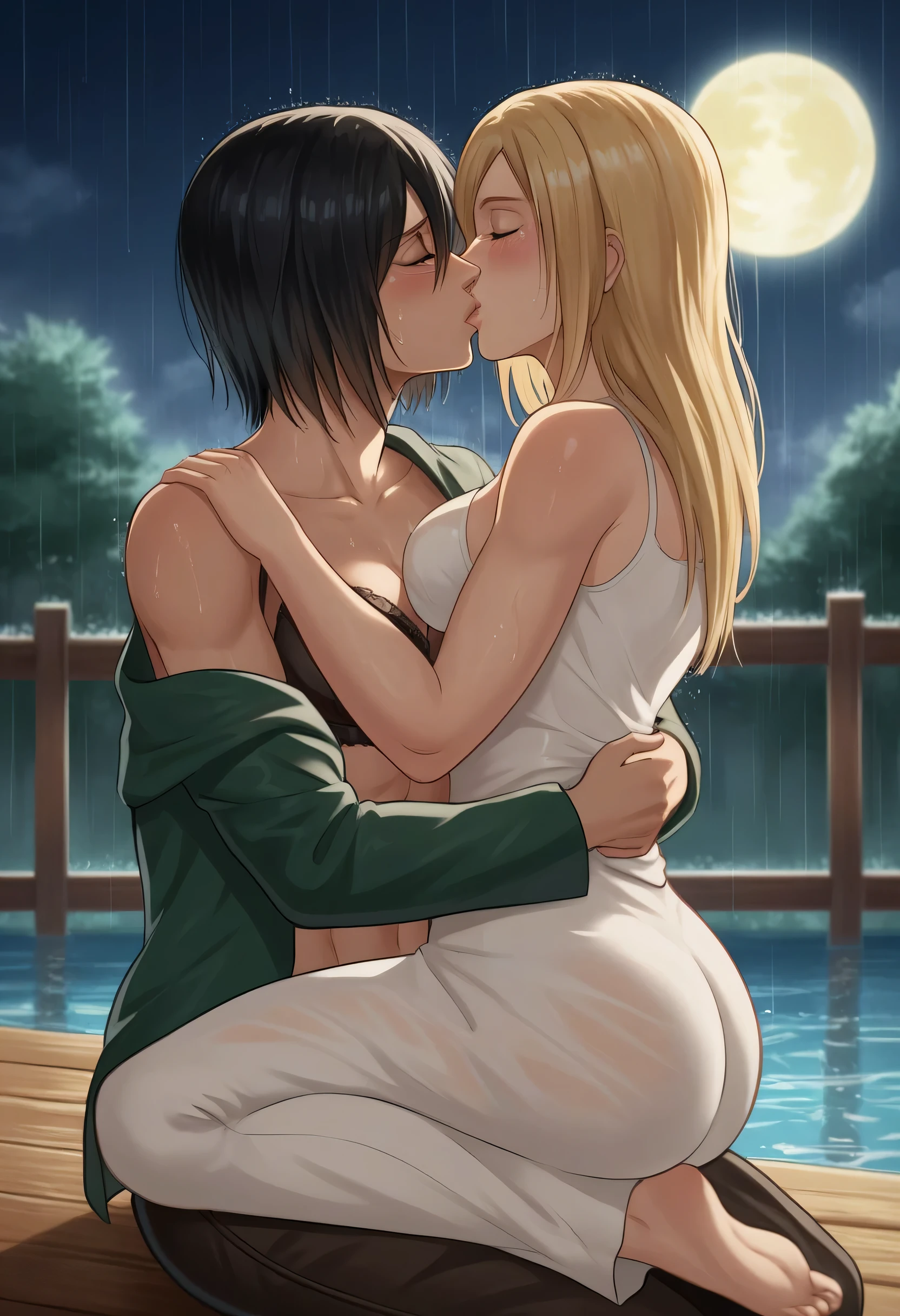 score_9, score_8_up, score_7_up, BREAK source_anime, historia reiss, blue eyes, blonde hair, long hair, medium breasts, long white dress sleeveless,female black hair soldier hugs historia,Mikasa with historia hugs,mikasa wreanig open green jacket black sport bra and black combat pants,Mikasa female with short hair,mikasa female medium breasts,eyes closed,in night,moon in sky,mikasa final season,mikasa,Mikasa hugs historia،mikasa femboy,mikasa final season,historia blonde hair,hugs and kissing,mikasa carrying historia and kissing her,Mikasa lifts Historia up and kisses her.in middle night,raining outside,mikasa final season,girls kissing,girl×girl,lesbians,yuri,romantic wallpapers,historia sitting on mikasa and kissing her,Mikasa in both hands touch historia ass, raining,wet body's,water dropped on mikasa and historia body's,mikasa final season design,character's from season 4,historia crying while kissing mikasa,crying both,one of Historia hands touch mikasa abs,romantic kissing 