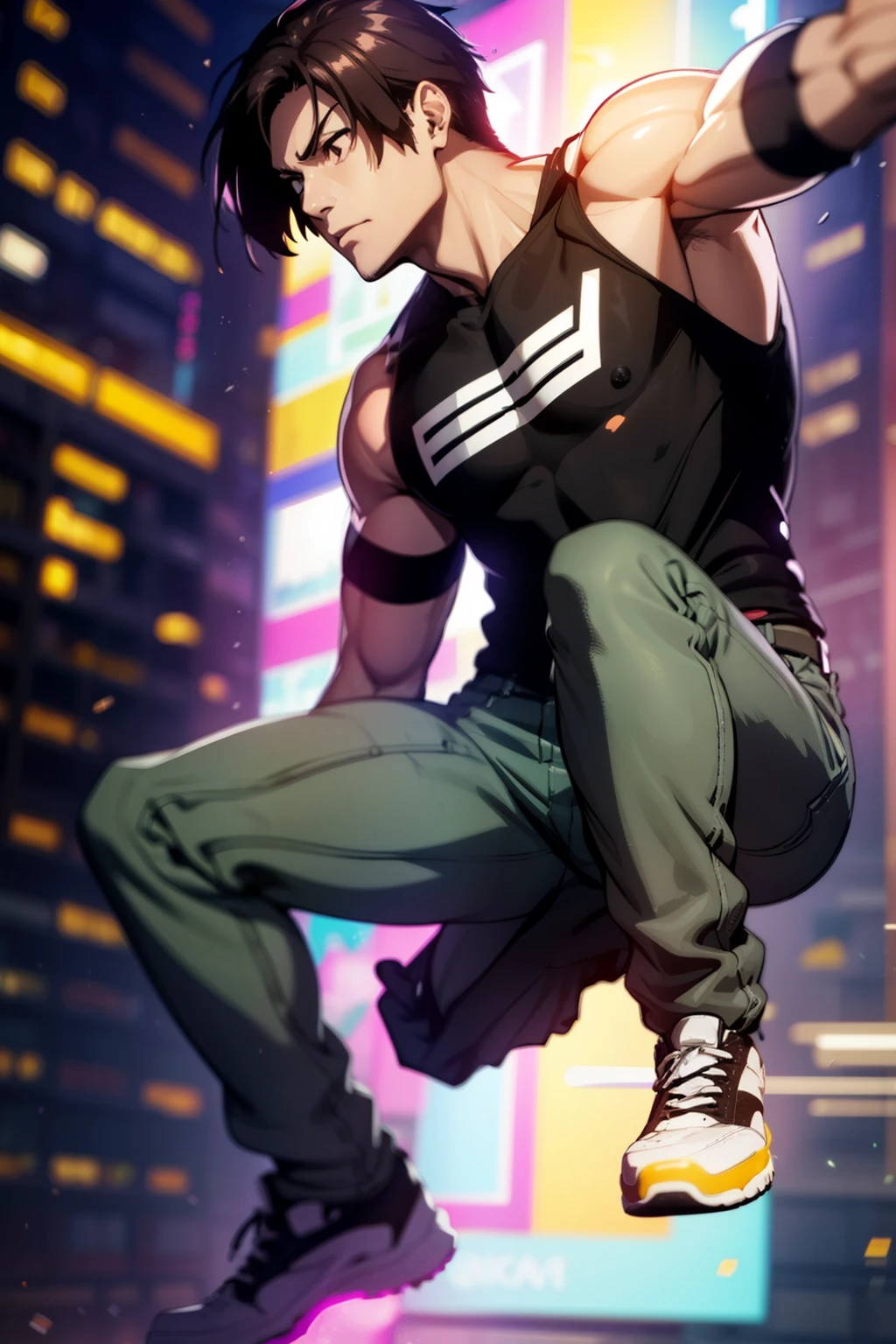 Man, cyberpunk theme, black t shirt, sleeveless t shirt, fingerless gloves, black and white striped bermudas, black and purple sneakers, parkour pose