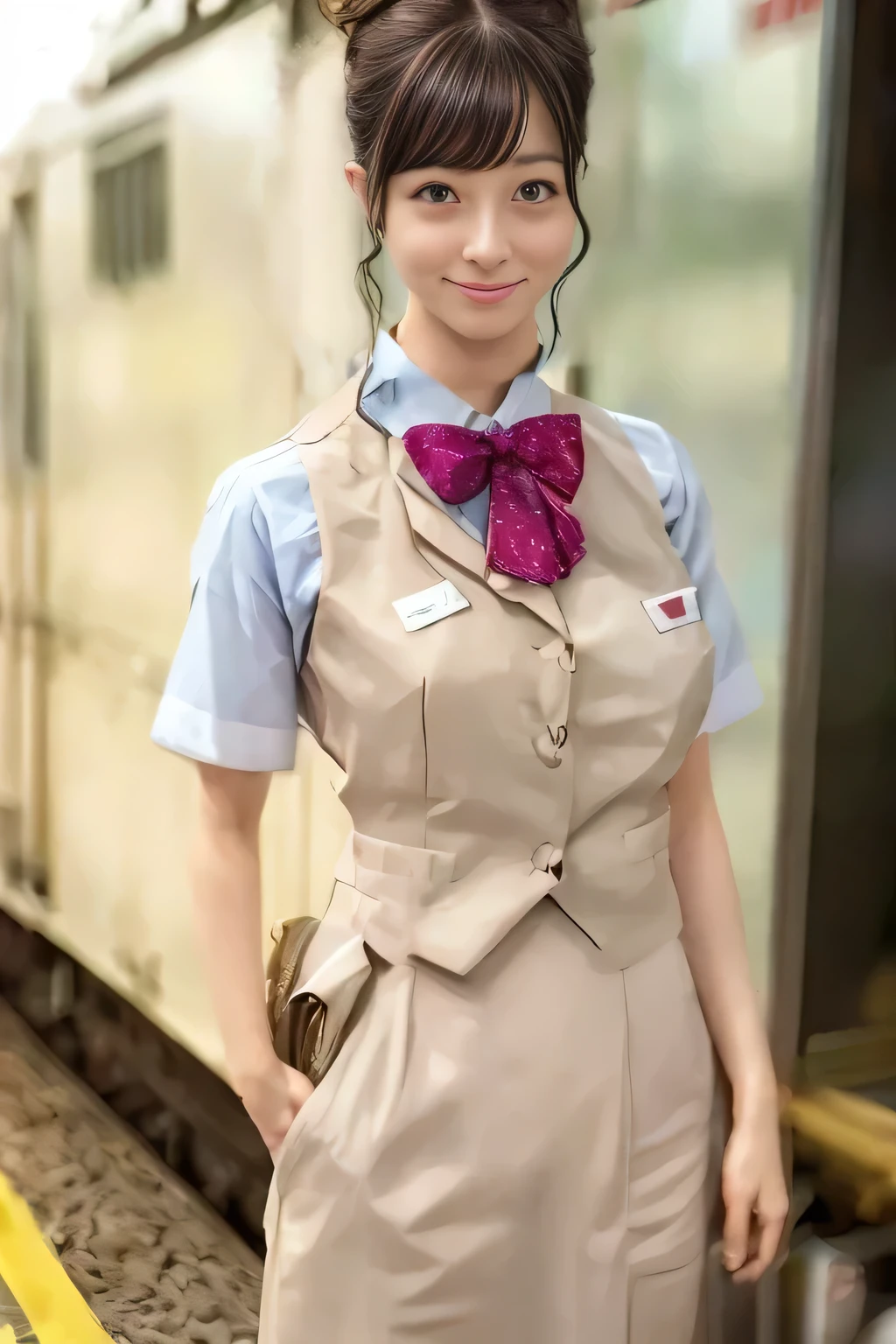 (masterpiece:1.2, Best Quality:1.2), 32K HDR, High resolution, (Alone、1 girl)、（On the roof of a building during the day、Professional Lighting）、Building rooftop background、（Real style of JR Woman wearing train crew uniform beige）、（（JR Female Train Crew Uniform Beige Light Blue Blouse Short Sleeve 、 Knee-length culottes skirt、Beige vest、scarf））、Dark brown hair、（Long Hair、Hair tied up、Hair tied up）、Dark brown hair、Long Shot、Big Breasts、Thin legs、（（Great hands：2.0）），（（Harmonious body proportions：1.5）），（（Normal limbs：2.0）），（（Normal finger：2.0）），（（Delicate eyes：2.0）），（（Normal eyes：2.0））)、smile、（JR Woman Train crew uniform beigeのKnee-length culottes skirtを見せた美しい立ち姿）、Hands down