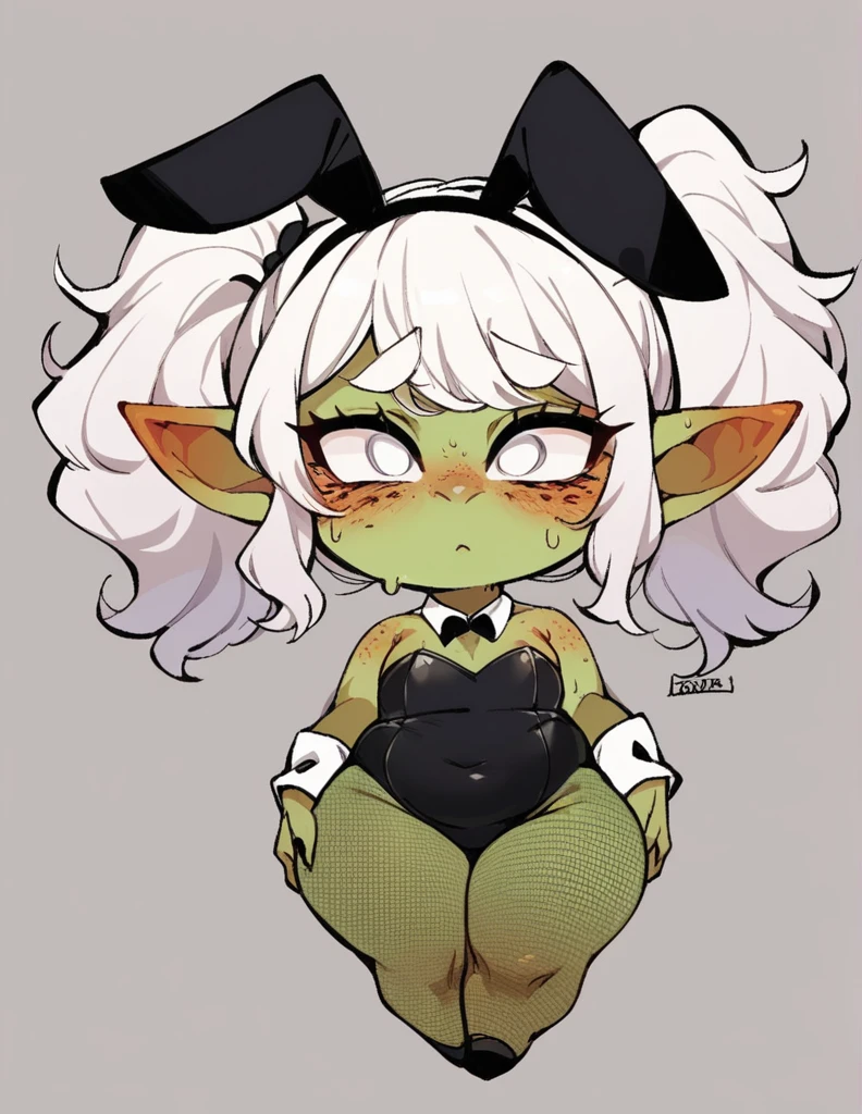 A goblin raping a girl ,(((shortstack))),{{Black Bunny Costume}}{Black rabbit ear }{Black fishnet stockings}（white  Hair,Double ponytails）,bangs（Heavy sweating）Shy expression，blush，Freckles on the face，chubby,white eyes，Areola brown leakage