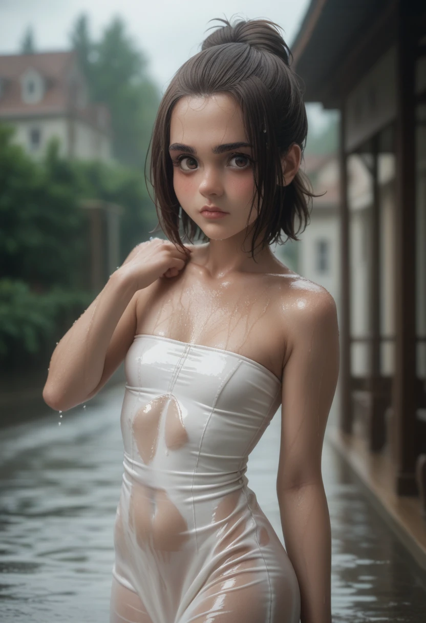 Wet skin. Gabi Braun, brown hair, medium hair, brown eyes, high bun, innocent expression, cute face, blush, looking at viewer, small breasts, cut dress, white dress, tight dress, strapless, underbuttocks, slim waist, black thong, large buttocks. In the rain