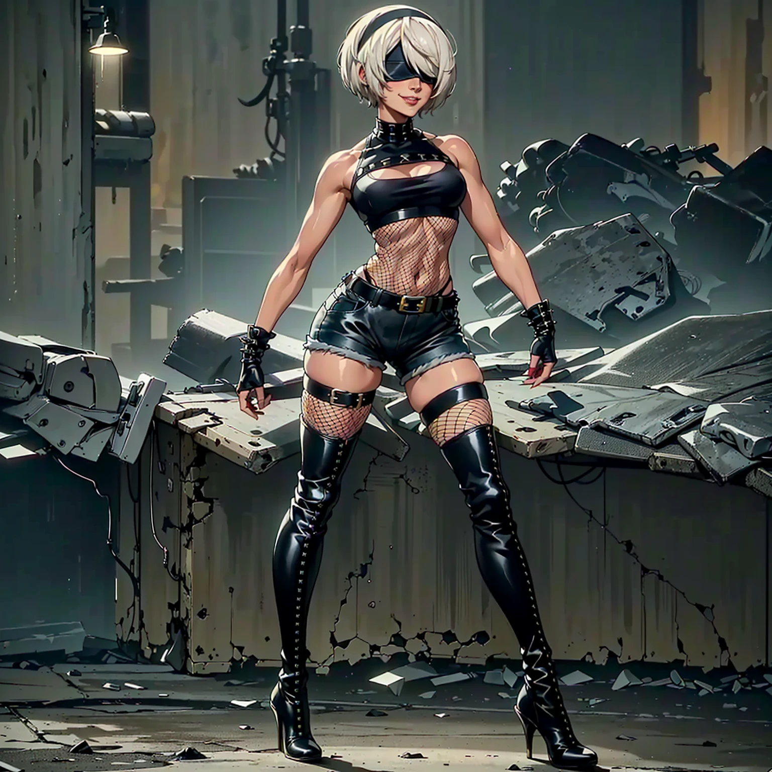 (1girl, Alone, alone), (yorha no.2 type b, 2B, 1girl, solo, short hair, white hair, hairband, blindfold, covered eyes, black blindfold), ((Alone, (1woman, solo, delicate line), extremely detailed , Soft ambient lighting, 4K, perfect eyes, a perfect face, Perfect Lighting, the 1 girl)), ((fitness, , shapely body, athletic body, toned body)) , (( punk girl, rocker woman, rocker outfit, jean shorts, black t-shirt, studded belt, fishnet stockings, fishnet gloves, long boots, heeled boots, stiletto boots, knee-high boots, rock and roll, smug smile, night, city))