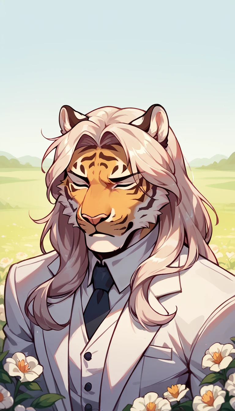 A juvenile tiger, Hairstyle (Long hair), in white suit, with eyes closed, while holding a daffodil, on the face in the middle of a field of flowers behind, bottom, necessary. 