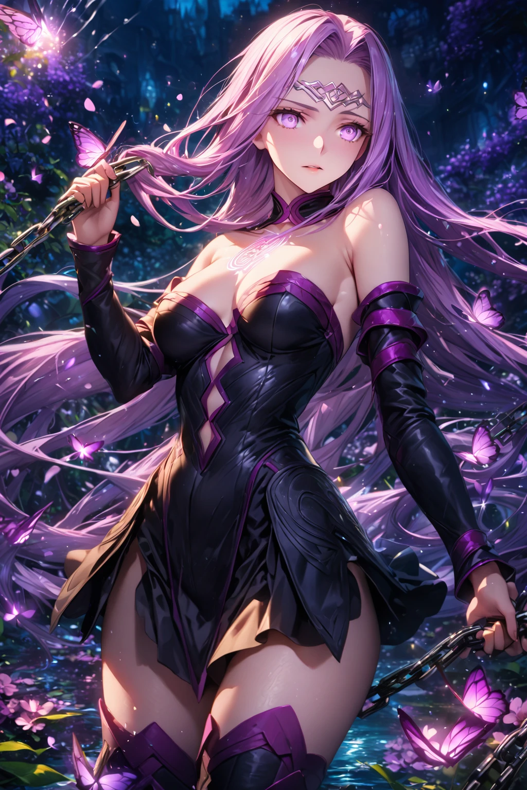 absurdres, highres, ultra detailed, HDR, master piece, best quality, extremely detailed, detailed eyes, detailed face, Rider, Medusa, light-purple hair, long hair, expressive light-purple eyes, Fate Grand Order, solo, woman, beautiful, shoker, detached sleeves, black leather clothes, water, glittering purple butterflies, garden, magic circle, green leaves, purple petals, purple flowers, fantasy, magical, purple cherry blossoms, powers, magic, holding chains