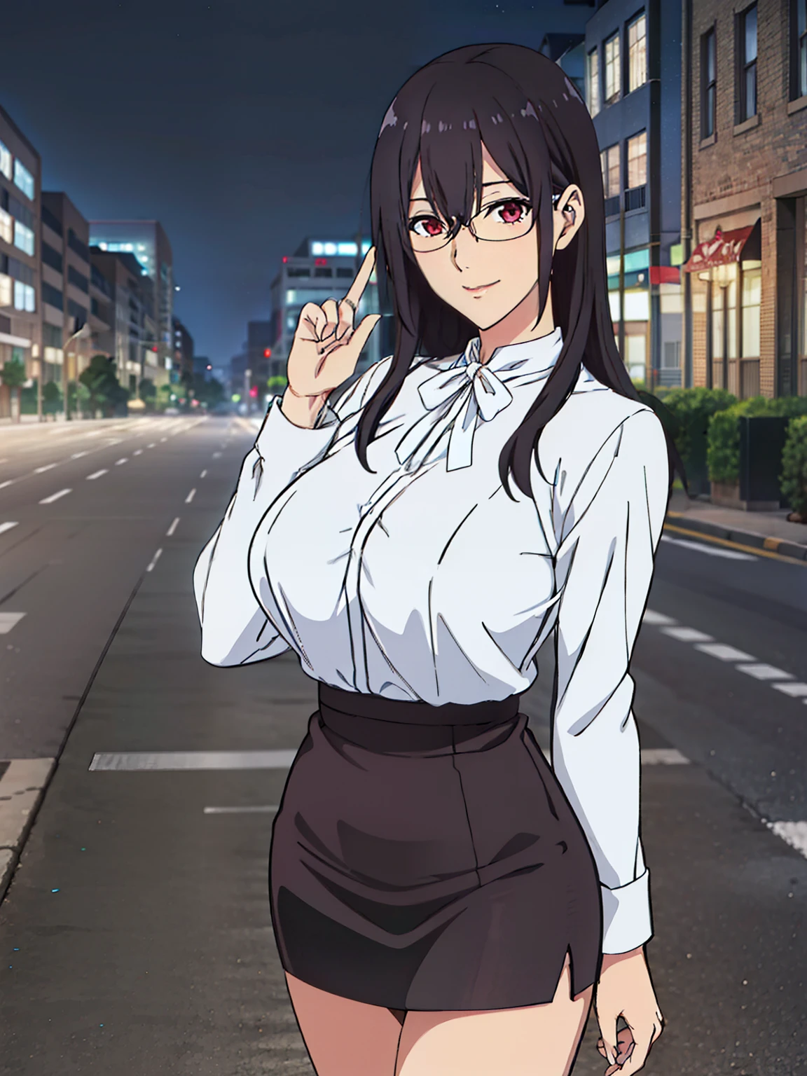 on the side street, standing, White Shirt, neck ribbon, black short skirt, (night city street background), Hanyuu mayuri, mature woman, anime cels style, best quality, high resolution, 1girl, (huge breasts:1.2), beautiful face, Beautiful Finger, Beautiful long legs, Beautiful body, Beautiful Nose,Beautiful character design, glasses, Red eyes, black hair, bangs, Long hair, (cowboy shot), smiling, looking at viewer