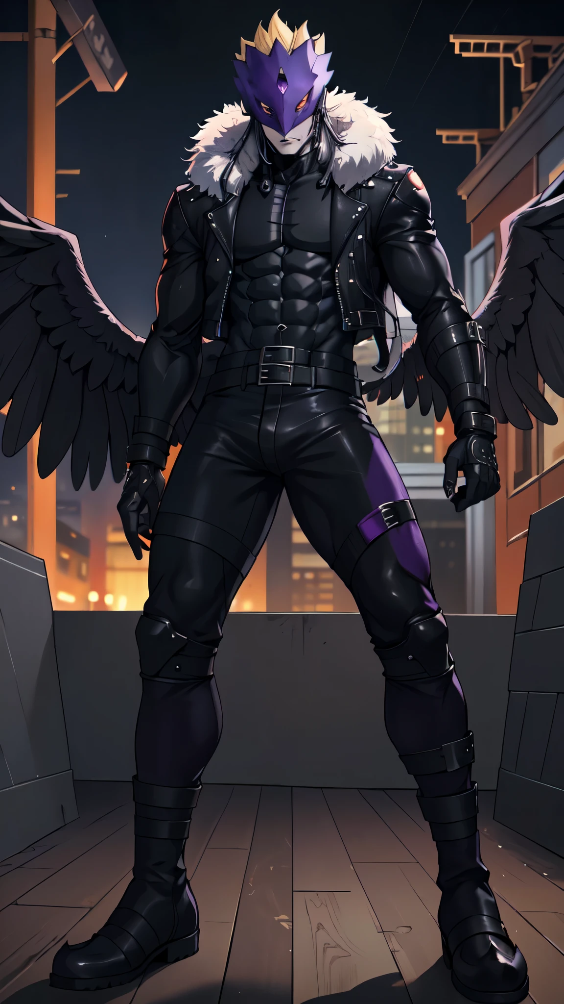 Beelzemon, male_character, grey_skin, black angel wings(total black), huge and extensive wings(all black), angel feathers(black color),wings in the backpack, black_wings, fitness, best quality, masterpiece, biker clothing(black style), handsome man, black pants, leather belts, face detailed, sexy lips, trestle half mask(purple color), Digimon, leather jacket, tail, fur trim, red eyes, leather boots, (dynamic pose:1.2), night scene, extremely detailed CG unity 4k wallpaper.