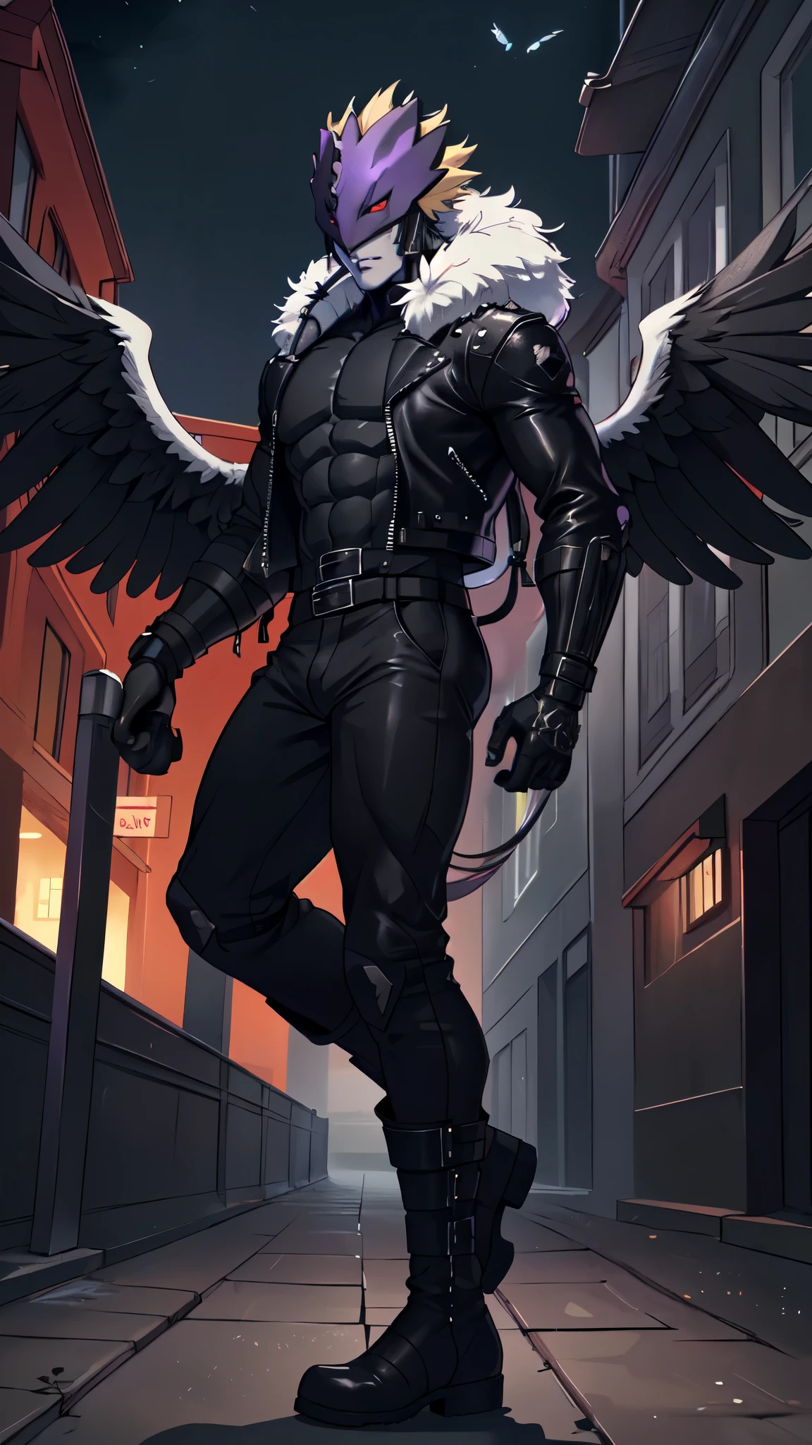 Beelzemon, male_character, grey_skin, black angel wings(total black), huge and extensive wings(all black), angel feathers(black color),wings in the backpack, black_wings, fitness, best quality, masterpiece, biker clothing(black style), handsome man, black pants, leather belts, face detailed, sexy lips, trestle half mask(purple color), Digimon, leather jacket, tail, fur trim, red eyes, leather boots, (dynamic pose:1.2), night scene, extremely detailed CG unity 4k wallpaper.