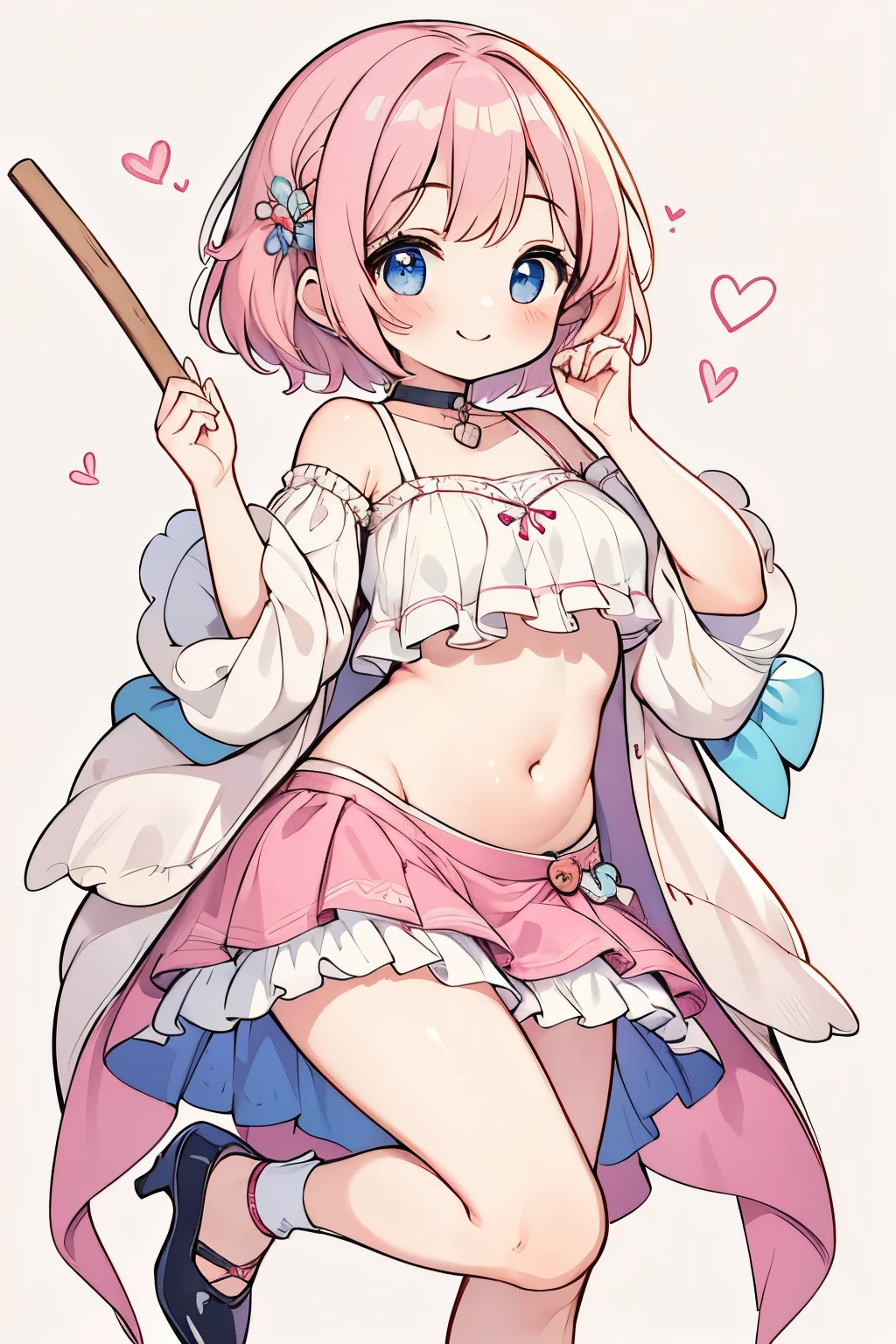 High resolution, masterpiece, Anatomically correct, Best Quality, One girl, smile、Blushing、Short Hair、Large, wide eyes、Pink Hair,Choker、Heart symbol、Simple Background、Shoulders stick out、I can see your belly button、Thighs、mini skirt、High heels、ひまわり