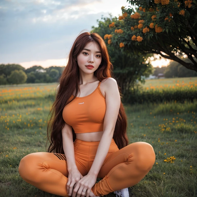 1 female, long hair, red hair, red long hair, white skin, robot body, full robot body, robot eyes, robot arms, robot legs, robot face, robotic, black afro hair, huge breast, thick legs, orange crop top, sport pants, orange pants, with guns, dark sky, grass, gray sky, flowers, happy face, sitting down, headphone, mp3 player