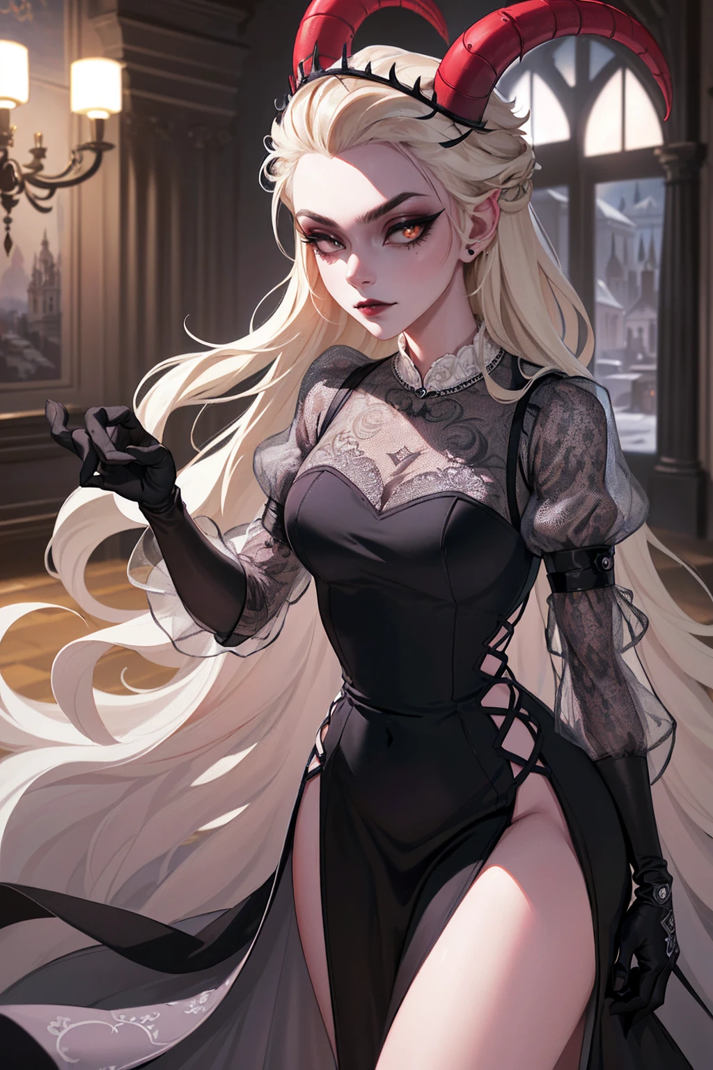 (Lilith:1.2), (grey/gray skin, grey sclera, long blonde hair, white iris, demon horns, makeup), (DefaultOutfit:1.2), (long dress, sleeves, gloves, black dress:1.5), (castle, inside a castle, Victorian theme), (realistic:1.2), (masterpiece:1.2), (upper-body-shot:1),(Cowboy-shot:1.2), neon lighting, dark romantic lighting, (highly detailed:1.2),(detailed face:1.2), (gradients), colorful, detailed eyes, (detailed landscape:1.2), (natural lighting:1.2), (powerful pose:1.2), (solo, one person, 1girl:1.5), lilith, hazbin , black dress, perfect fingers, walking, dancing, angry face