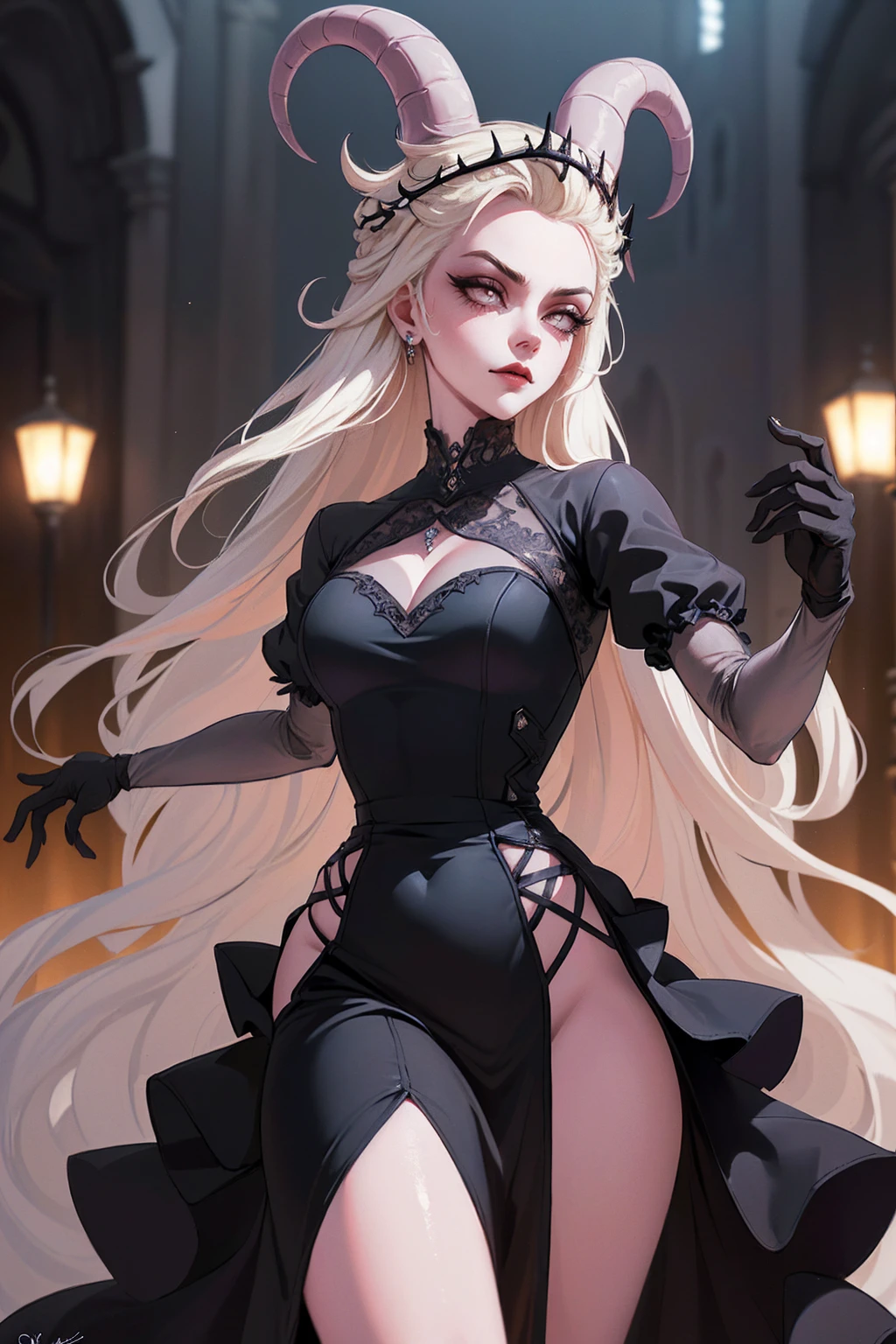 (Lilith:1.2), (grey/gray skin, grey sclera, long blonde hair, white iris, demon horns, makeup), (DefaultOutfit:1.2), (long dress, sleeves, gloves, black dress:1.5), (castle, inside a castle, Victorian theme), (realistic:1.2), (masterpiece:1.2), (upper-body-shot:1),(Cowboy-shot:1.2), neon lighting, dark romantic lighting, (highly detailed:1.2),(detailed face:1.2), (gradients), colorful, detailed eyes, (detailed landscape:1.2), (natural lighting:1.2), (powerful pose:1.2), (solo, one person, 1girl:1.5), lilith, hazbin , black dress, perfect fingers, walking, dancing, angry face