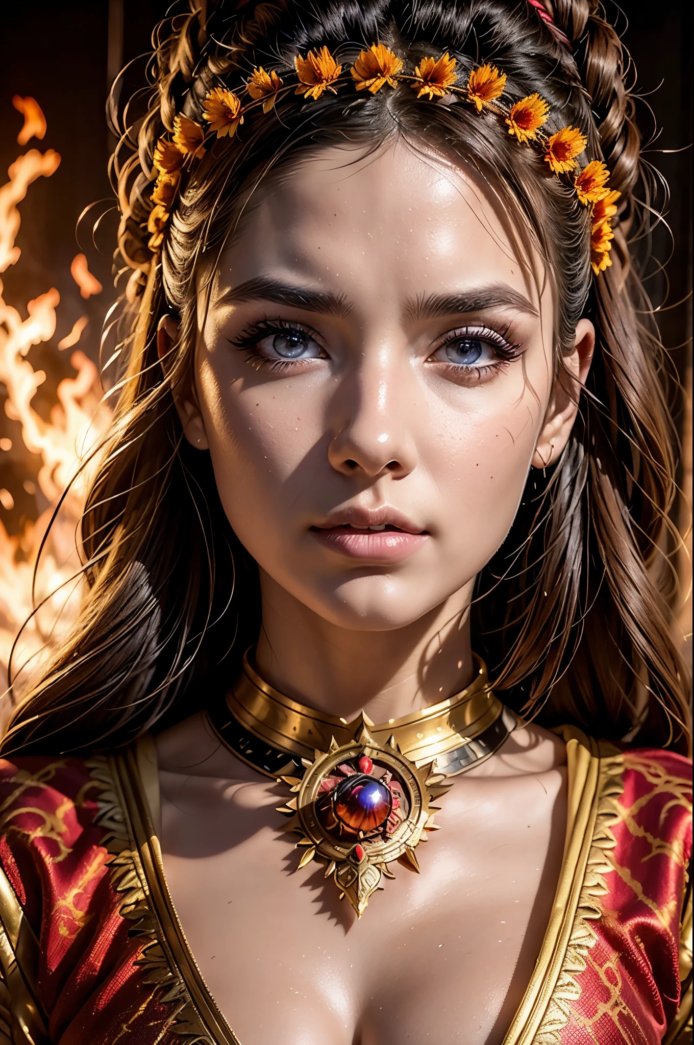 Incredible young woman fire master, extremely detailed face, beautiful detailed eyes and lips with long eyelashes.  Fire Tribe Short Costume, intense pose, ready to fight, photorealistic, cinematic lighting, 8K, fire blooms,fantasy art style, vibrant colors, trending on artstation