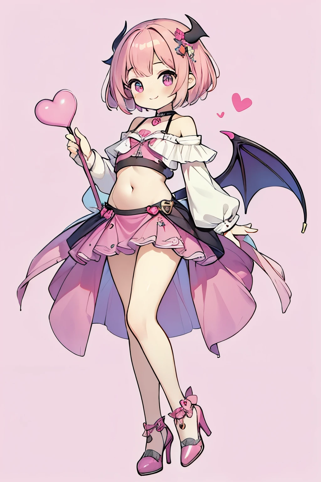 High resolution, masterpiece, Anatomically correct, Best Quality, One girl, smile、Blushing、Short Hair、Large, wide eyes、Pink Hair,Choker、Heart symbol、Simple Background、Shoulders stick out、I can see your belly button、Thighs、mini skirt、High heels、Succubus Cosplay