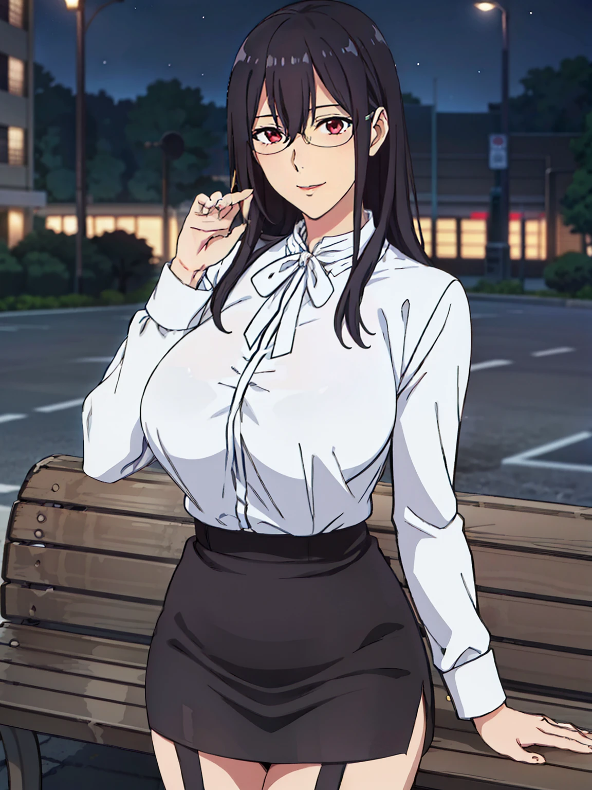 sitting on bench, White Shirt, neck ribbon, black short skirt, black stocking, black garter belt, (night city street background), Hanyuu mayuri, mature woman, anime cels style, best quality, high resolution, 1girl, (huge breasts:1.2), beautiful face, Beautiful Finger, Beautiful long legs, Beautiful body, Beautiful Nose,Beautiful character design, glasses, Red eyes, black hair, bangs, Long hair, (cowboy shot), smiling, looking at viewer