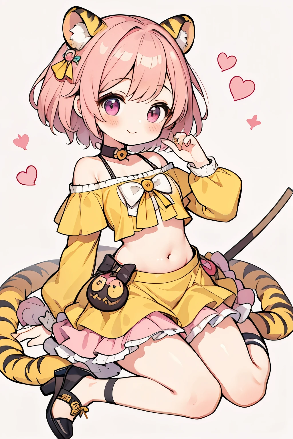 High resolution, masterpiece, Anatomically correct, Best Quality, One girl, smile、Blushing、Short Hair、Large, wide eyes、Pink Hair,Choker、Heart symbol、Simple Background、Shoulders stick out、I can see your belly button、Thighs、mini skirt、High heels、Yellow clothing、Tiger Cosplay