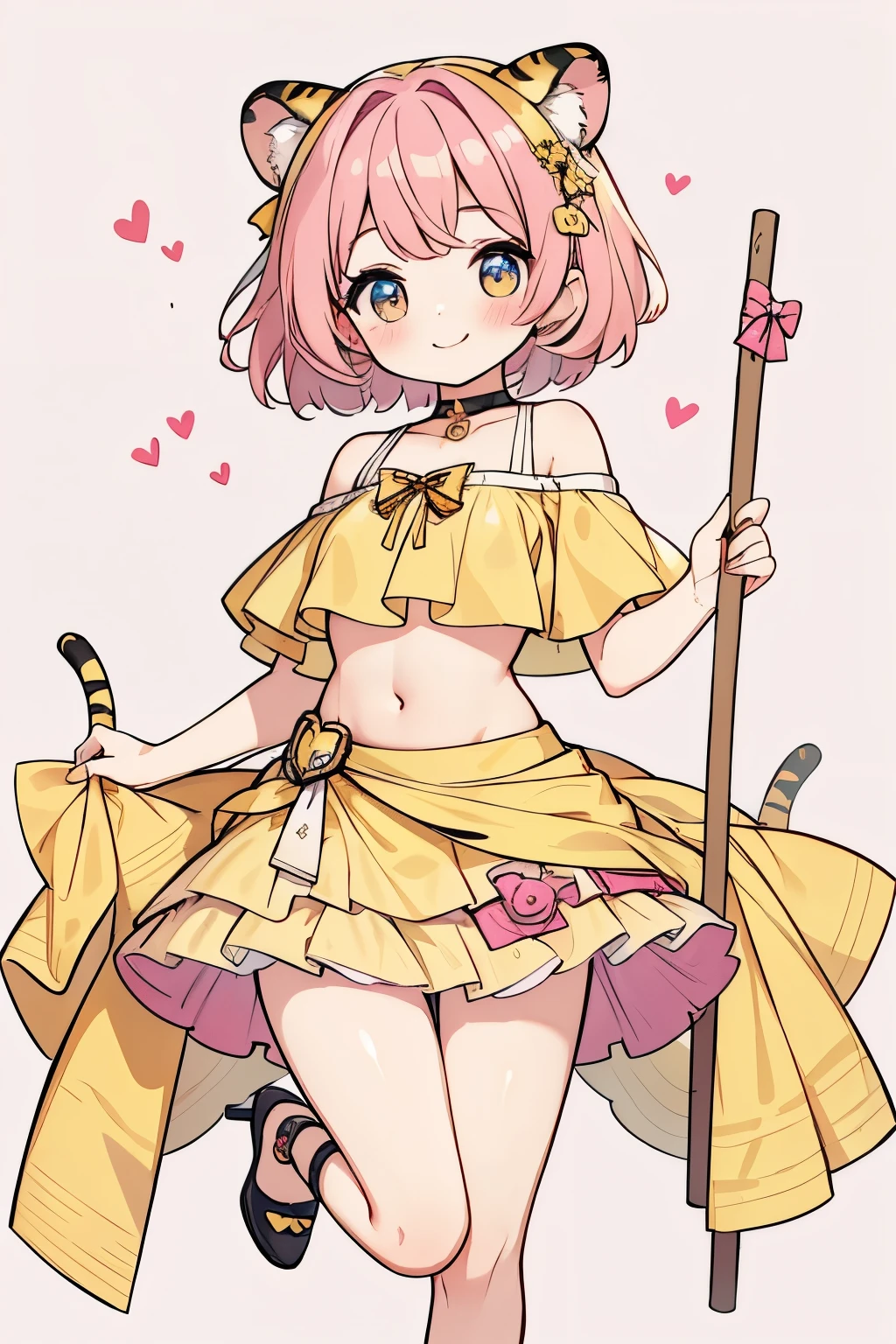 High resolution, masterpiece, Anatomically correct, Best Quality, One girl, smile、Blushing、Short Hair、Large, wide eyes、Pink Hair,Choker、Heart symbol、Simple Background、Shoulders stick out、I can see your belly button、Thighs、mini skirt、High heels、Yellow clothing、Tiger Cosplay