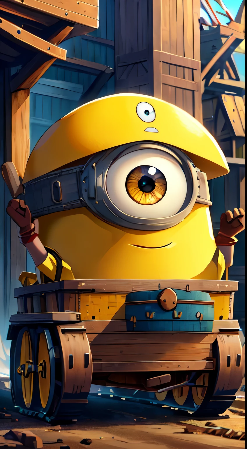 minionstyle, pretty girl, pulling a wagon, yellow wagon, conveyer belts, machinery, cinematic 4k wallpaper,ultra detailed, high resolution, artstation, award winning