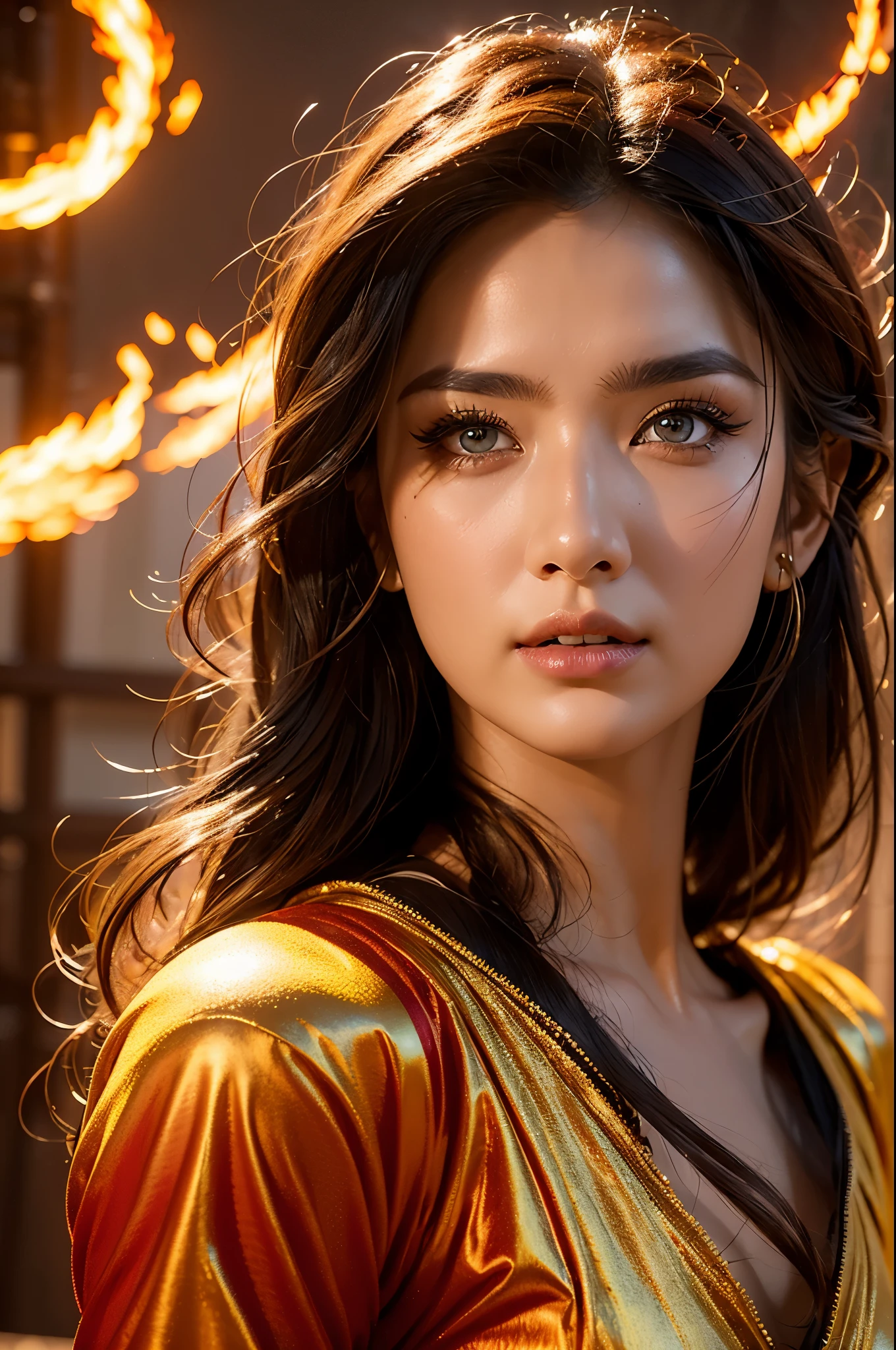 Portrait of Incredible young woman fire master, extremely detailed face, beautiful detailed eyes and lips with long eyelashes.  Fire Tribe Short Costume, intense pose, ready to fight, photorealistic, cinematic lighting, 8K, fire blooms,fantasy art style, vibrant colors, trending on artstation