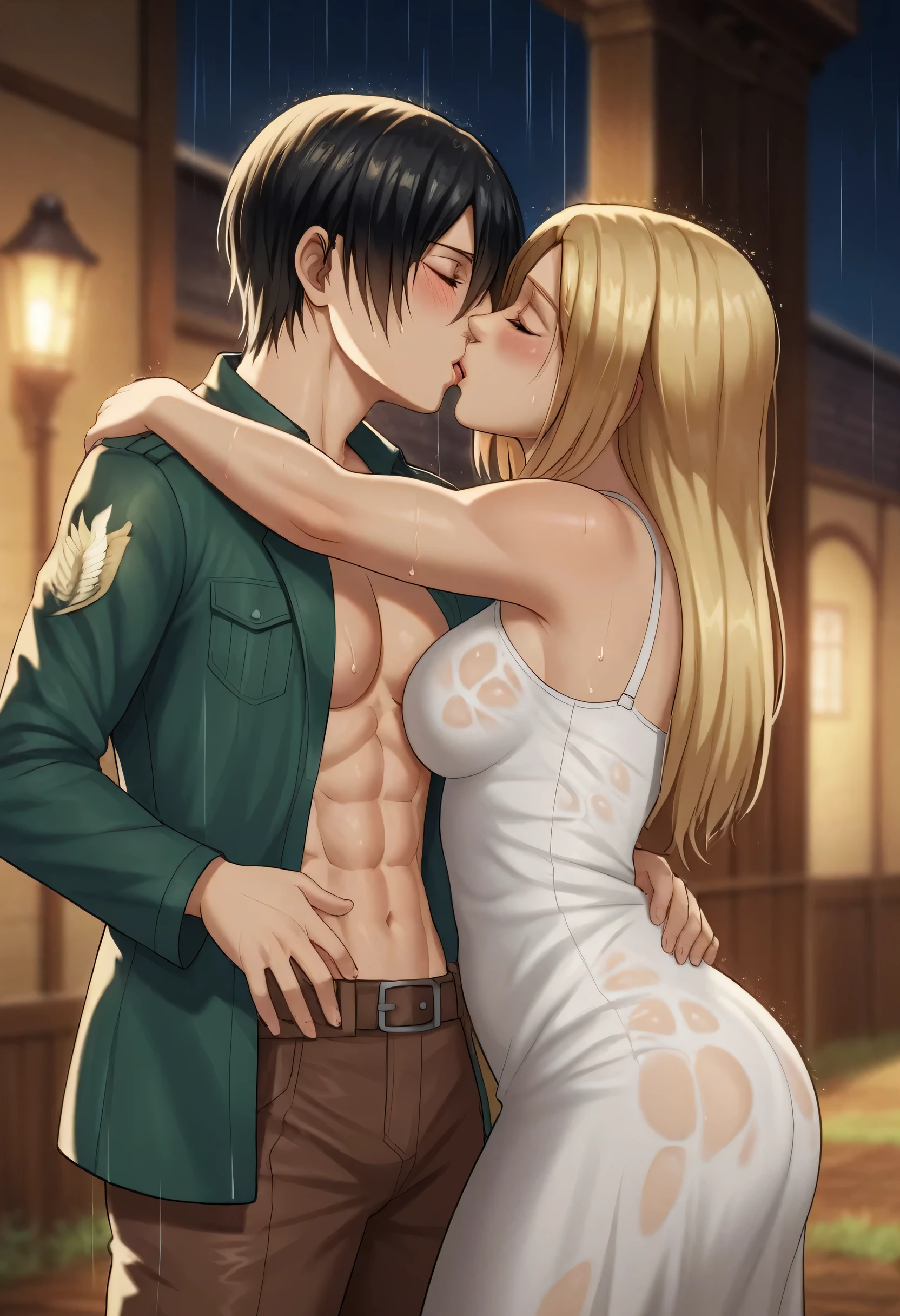 score_9, score_8_up, score_7_up, BREAK source_anime, historia reiss, blue eyes, blonde hair, long hair, medium breasts, long white dress sleeveless,female black hair soldier hugs historia,Mikasa with historia hugs,mikasa wreanig open green jacket black sport bra and black combat pants,Mikasa female with short hair,mikasa female medium breasts,eyes closed,in night,moon in sky,mikasa final season,mikasa,Mikasa hugs historia،mikasa femboy,mikasa final season,historia blonde hair,hugs and kissing,mikasa carrying historia and kissing her,Mikasa lifts Historia up and kisses her.in middle night,raining outside,mikasa final season,girls kissing,girl×girl,lesbians,yuri,romantic wallpapers,historia sitting on mikasa and kissing her,Mikasa in both hands touch historia ass, raining,wet body's,water dropped on mikasa and historia body's,mikasa final season design,character's from season 4,historia crying while kissing mikasa,crying both,one of Historia hands touch mikasa abs,romantic kissing,mikasa abs appear in her open jacket 