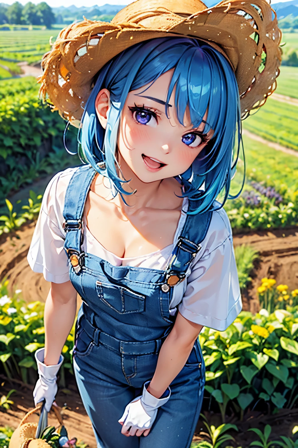 best quality, (masterpiece:1.3), absurdres, highres,16k, ultra high res, official art, illustration, extremely detailed, 1girl, solo, 20yo, 
delicate lines tailed face, (medium hair:1.9), (side swept bangs:1.7), (beautiful (aquamarine blue) hair:1.2), (shiny hair:1.2), (beautiful (light-purple) eyes:1.2), (shiny eyes:1.2), (medium breasts), (gleaming skin:1.4),
(cowboy shot:1.5), (from above:1.5), (from front:1.5),
standing, happy smile, open mouth, (head tilt:1.3), (leaning forward:1.3)
(sleeves rolled up shirt:1.2) with (overalls:1.2), cleavage cutout, long pants, (white gloves:1.1), straw hat, 
daytime, (vegetable field:1.5),