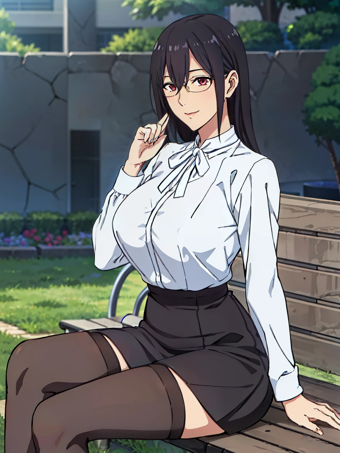 (sitting on bench), spread her legs, White Shirt, neck ribbon, black short skirt, black stocking, black garter belt, (garden background), Hanyuu mayuri, mature woman, anime cels style, best quality, high resolution, 1girl, (huge breasts:1.2), beautiful face, Beautiful Finger, Beautiful long legs, Beautiful body, Beautiful Nose,Beautiful character design, glasses, Red eyes, black hair, bangs, Long hair, (cowboy shot), smiling, looking at viewer